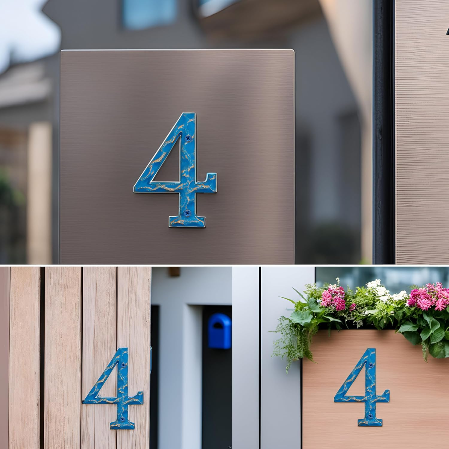 5.5 Inch House Numbers- Unique Cast Iron Metal Address/Mailbox Number for outside or Front Door, Handmade Gold & Blue Finish (Number 4) image number 2