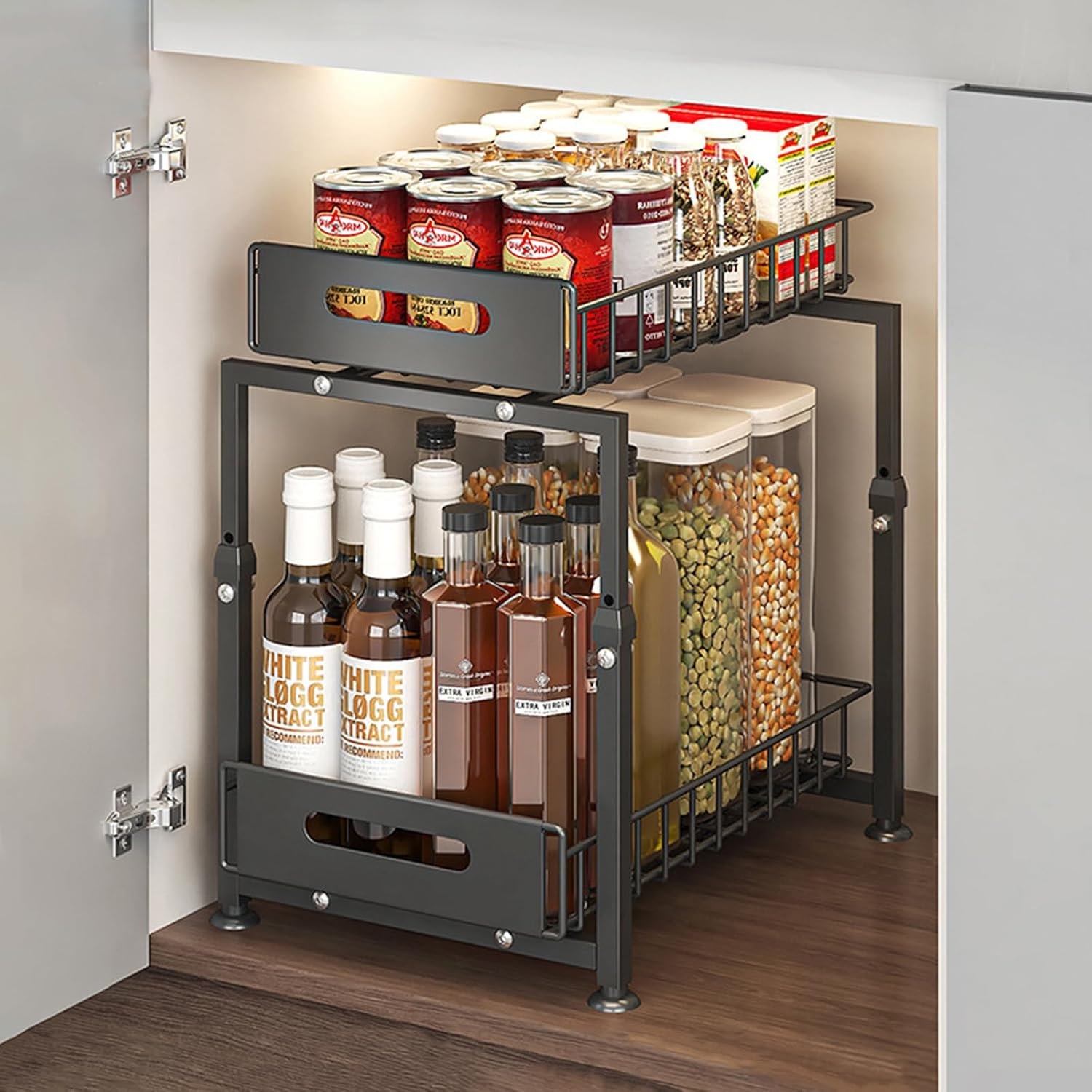 2-Tier under Sink Organizer and Storage, Pull Out Cabinet Organizer, Multi-Purpose under Sink Storage Rack, Height Adjustable Metal Sliding Shelf for Kitchen, Bathroom, Pantry (Black)