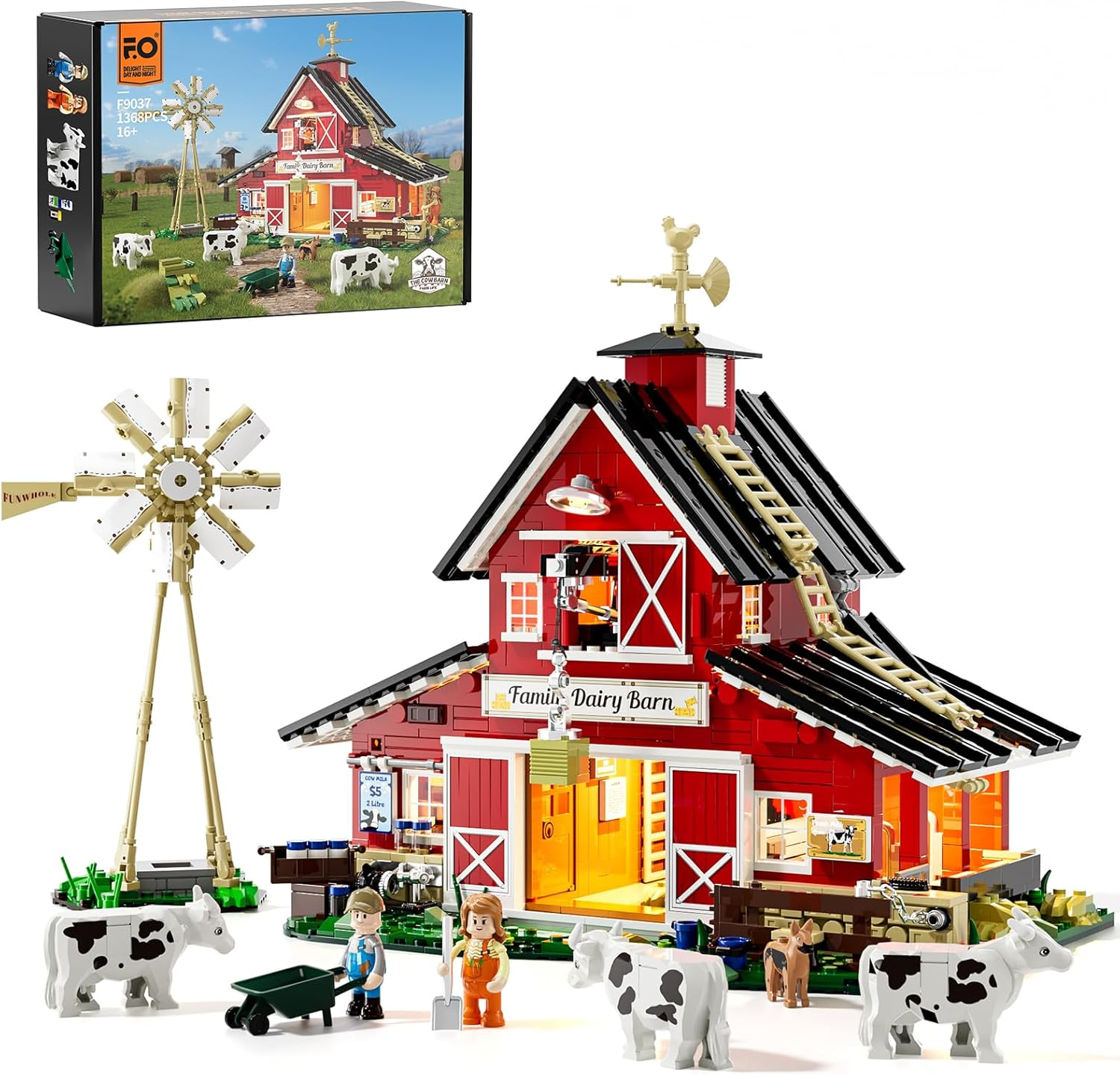 FUNWHOLE Farm Cow-Barn Lighting Building-Bricks Set - Farm Life Cow Barn House Collection LED Light Building Construction Set 1368 Pcs for Adults and Teen image number 2