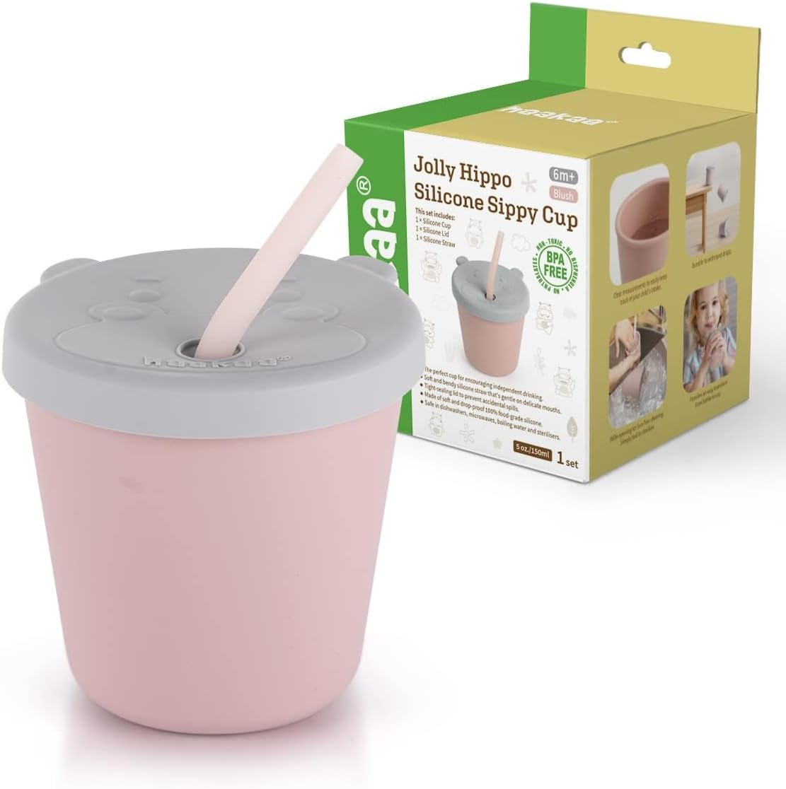 Haakaa Jolly Hippo Baby Straw Cup, Food Grade Silicone Baby Training Sippy Cups for Infant 6+ Months, BPA Free First Open Cup & Snack Container for Toddlers, 5Oz (Blush) image number 2