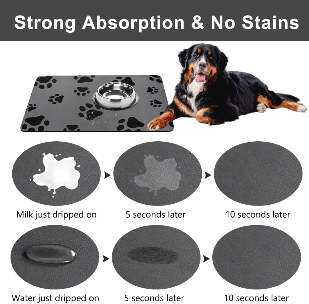 Bowl Mat Dog and Cats, Pet Feeding Bowl Mat 60 X 40 Cm Petfood Mat Cat Mat Food Non-Slip Dog Bowl Mat Absorbent Quick Drying Feeding Mat Cats (Grey) image number 1