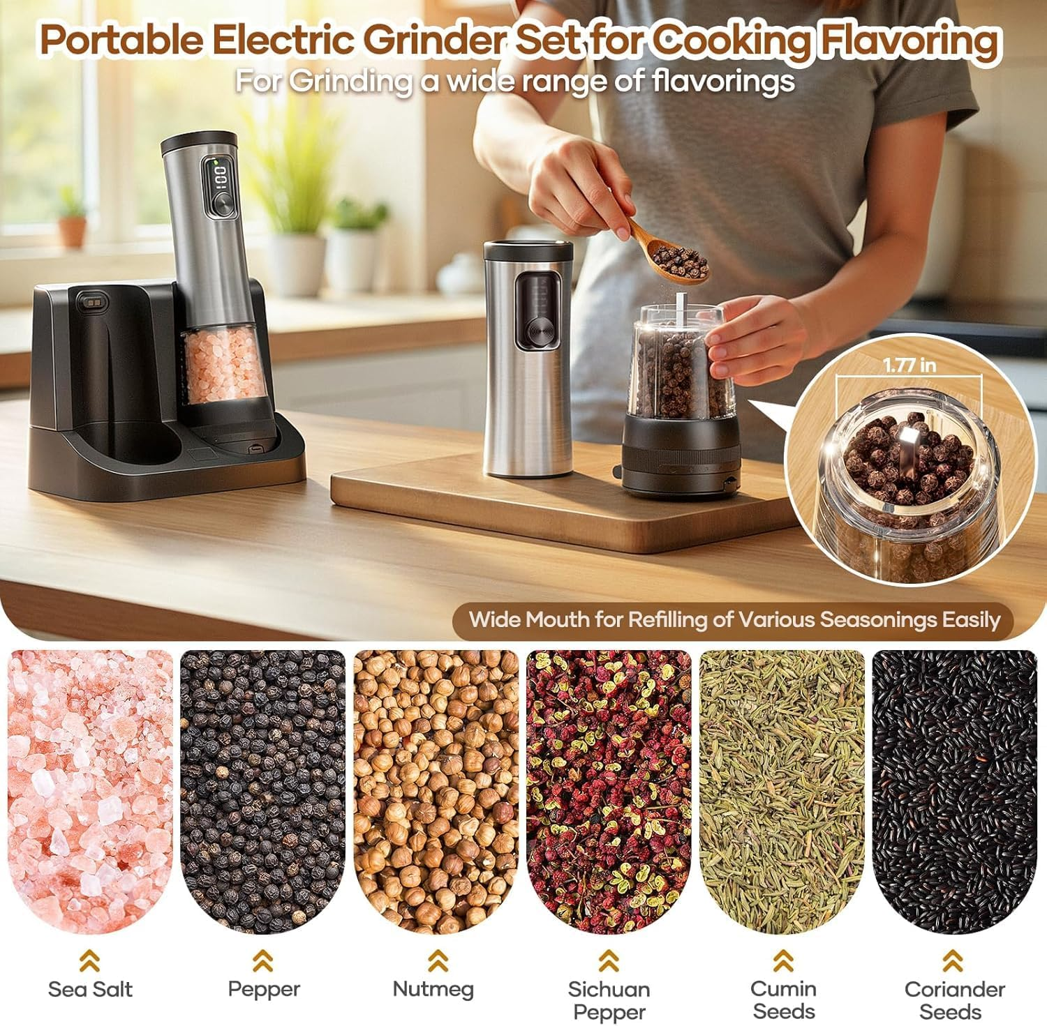 Salt and Pepper Grinder Set, Electric Ceramic Grinder Automatic Pepper Mills with Battery Display Rechargeable Base, Salt Shakers with 5 Level Adjustable Coarseness for Modern Kitchen(Stainless Steel)