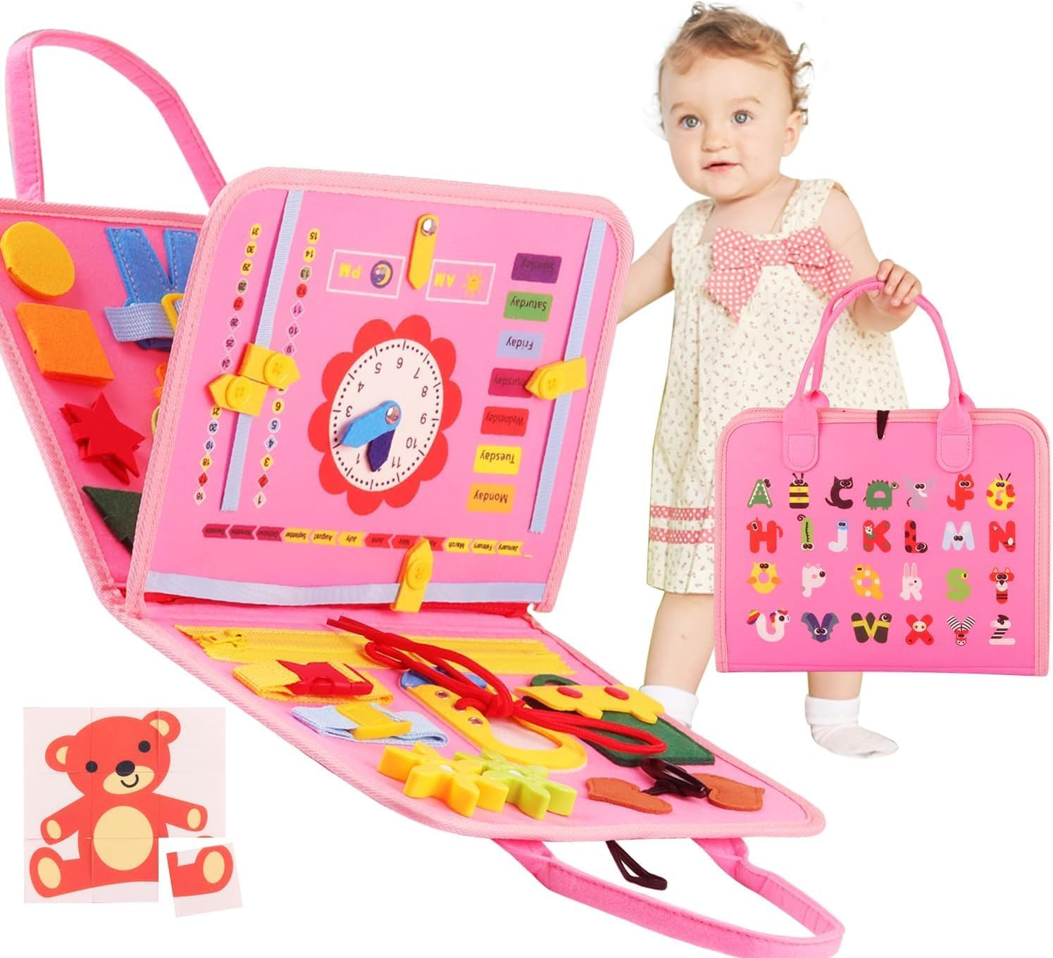 Montessori Toys for Toddlers,25 in 1 Preschool Educational Activities Developing Sensory Basic Life-Skills Learning Self-Dressing Puzzle Toys for Infants, for 1To 7Year Old Toddlers Boys Girls (Pink) image number 4