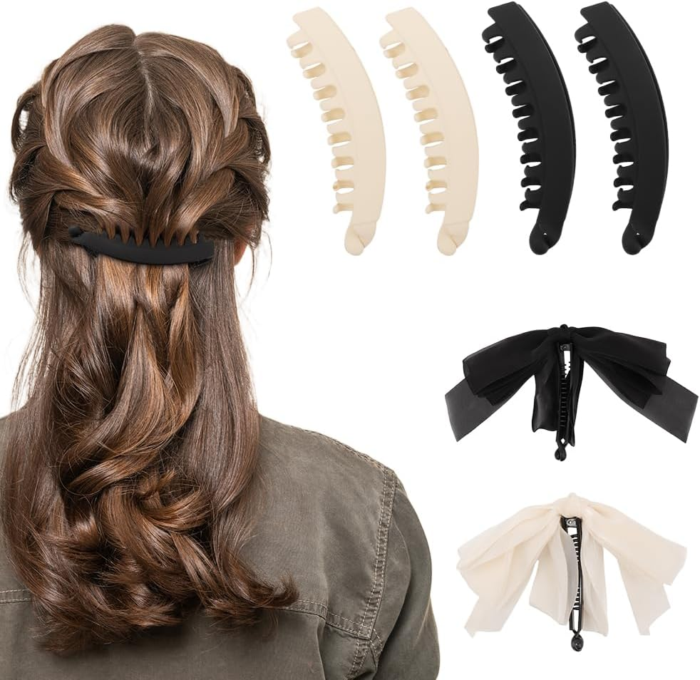 6 Piece Banana Clip Set for Women: 2 Bows Banana Clips & 4 Large Banana Hair Clips, Suitable for Thick and Fine Hair, Quick Ponytail Styling Tool for Girls and Women