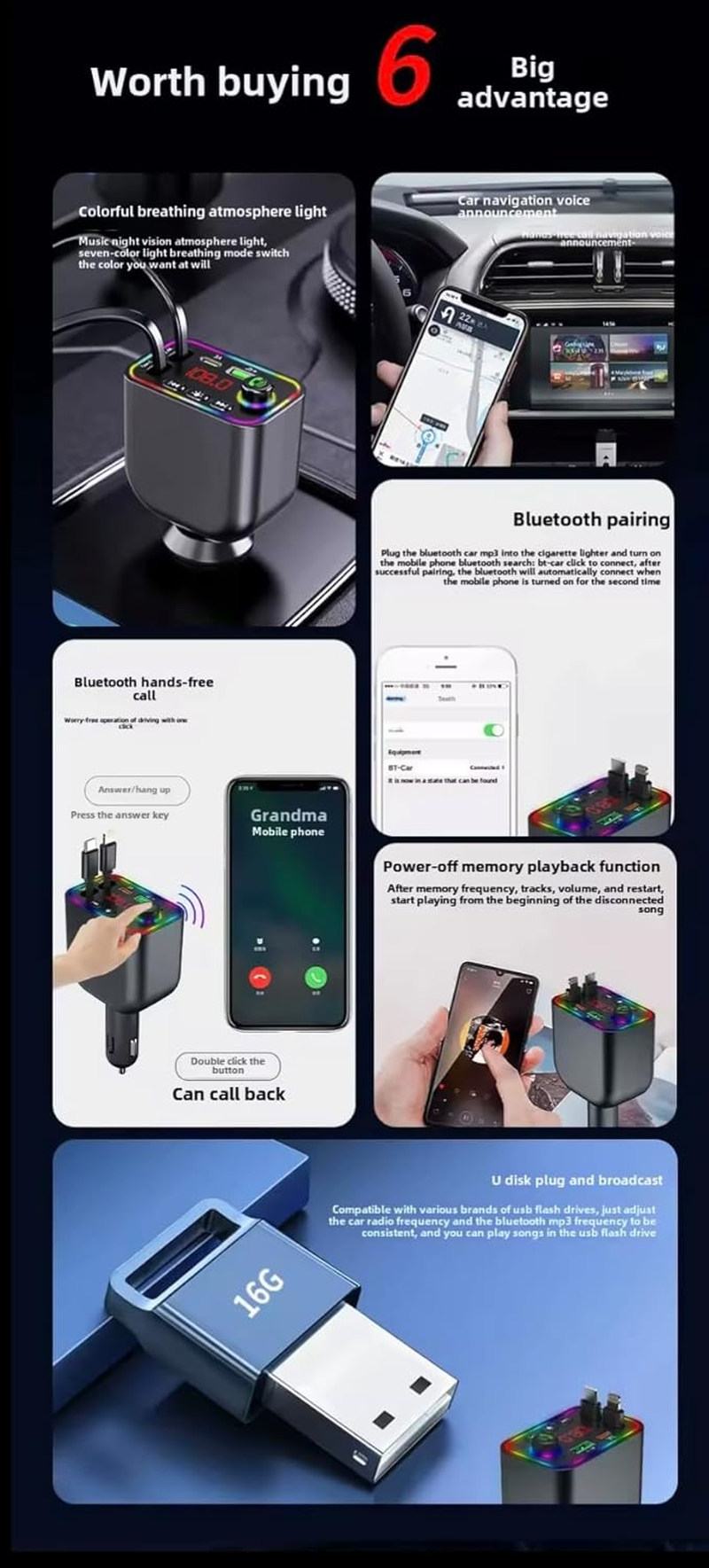 KK KENIK 4-In-1 Bluetooth FM Transmitter Retractable Car Charger, 120W Fast Charging, Usb/Type-C/Iphone, RGB LED Display image number 6