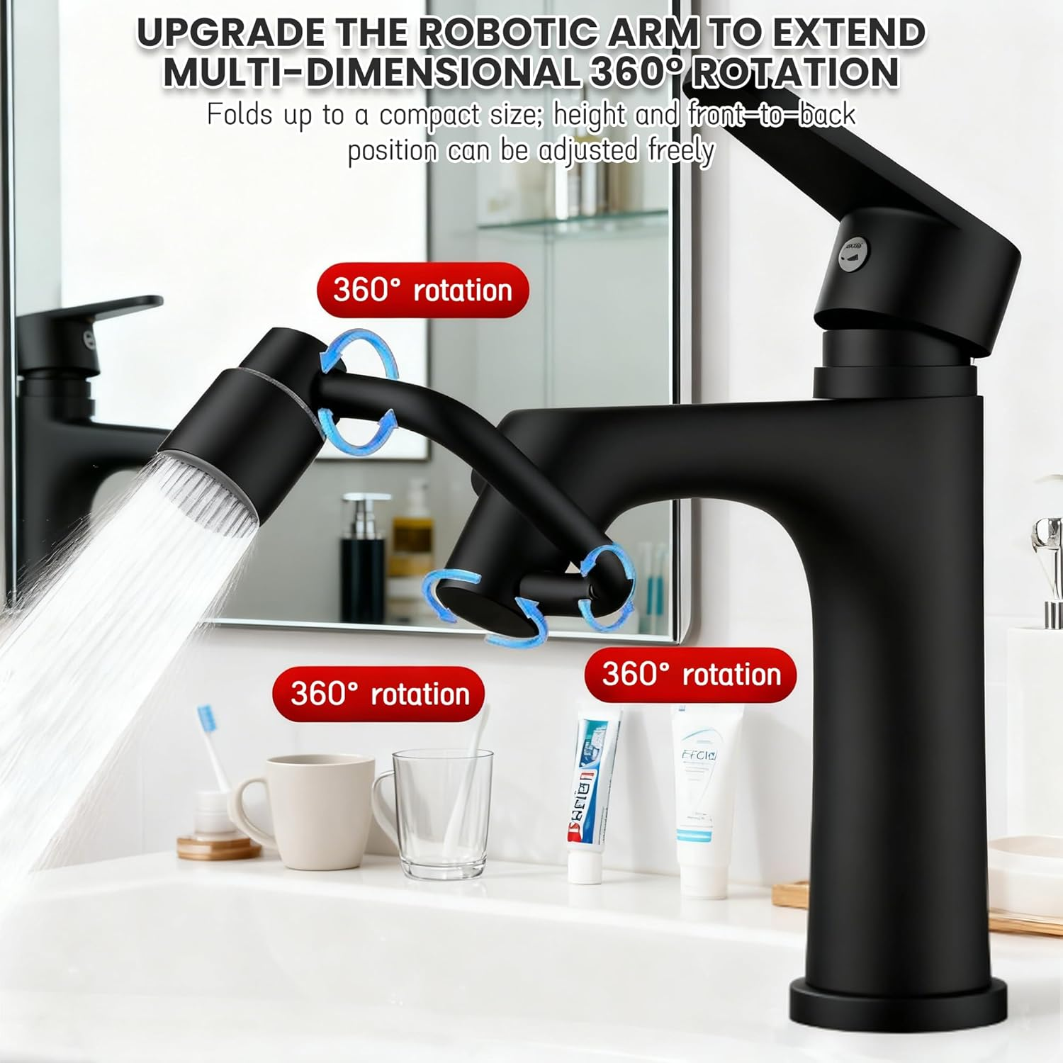 Emesak 1080&deg; Rotating Faucet Extender for Bathroom Sink, Easy Install Adjustable Swivel Spout, Multifunctional Universal Robotic Arm for Washing Hands, Hair, Face image number 2