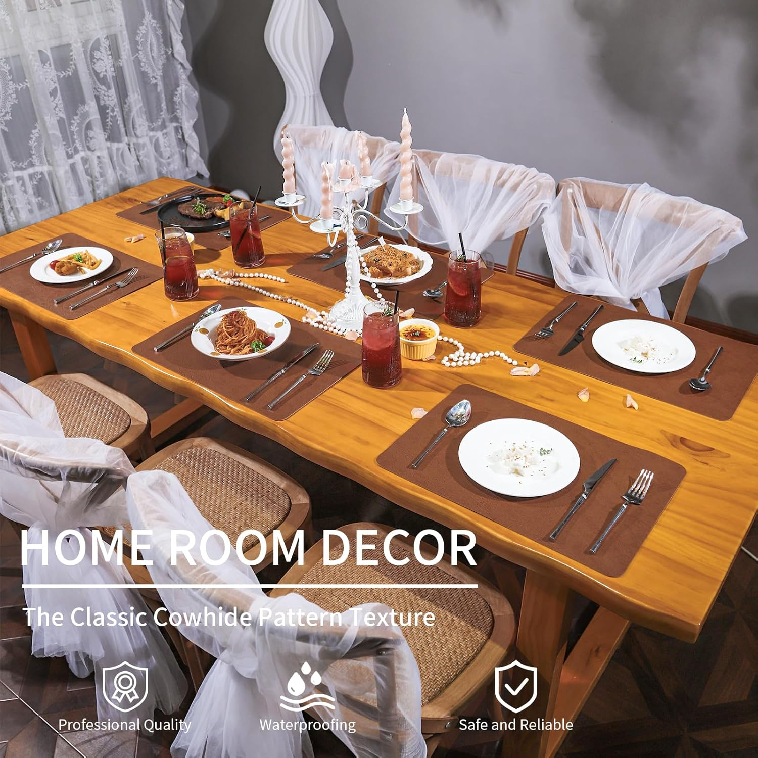 Cowhide Pattern Faux Leather Placemats Set of 6,Heat Resistant Non-Slip Waterproof Wipeable Washable Kitchen Dining PU Table Place Mats,Double-Sides Available,Dark Coffee image number 2