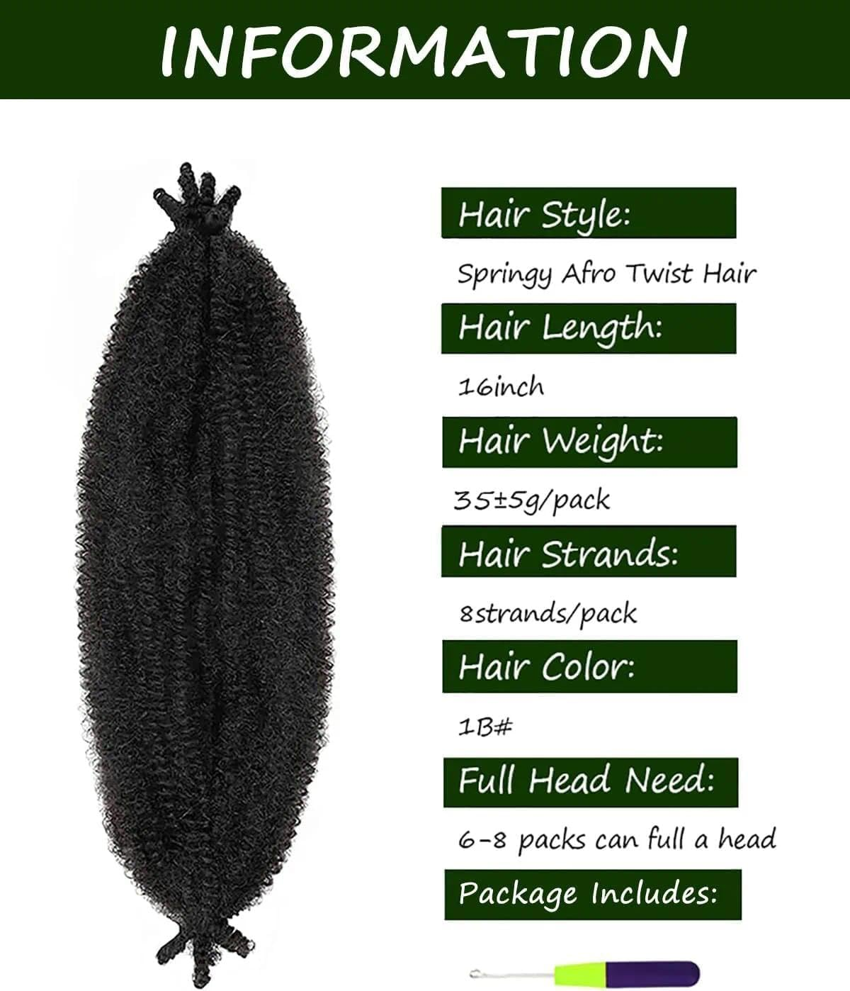 Unron 6 Packs Springy Afro Twist Hair' with Crochet Hook, 16 Inch Pre-Separated Marley Crochet Braiding Hair for Distressed Soft Locs, Natural Black Synthetic Hair Extension for Black Women image number 5