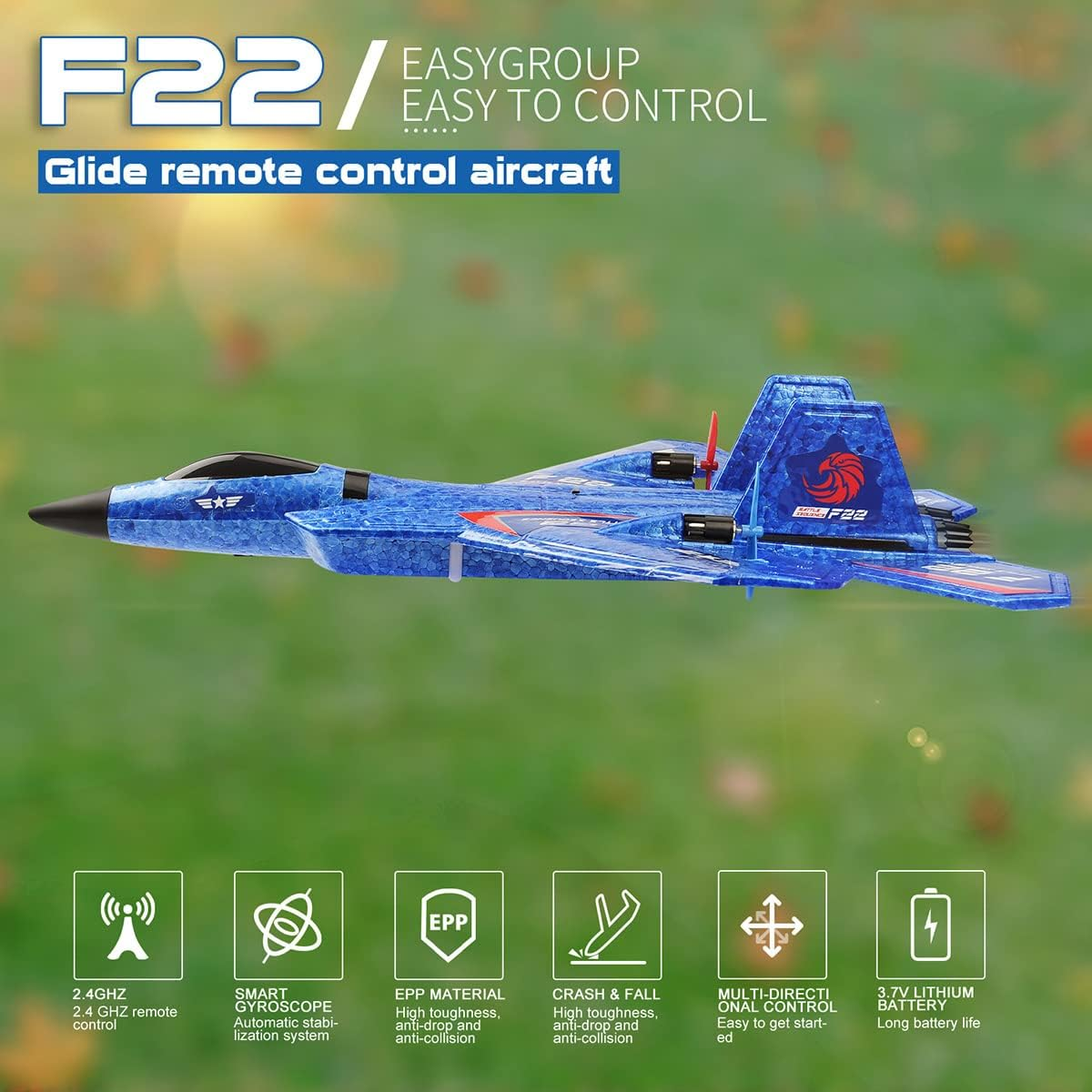 Roofworld RC Plane, F22 Airplane Fighter Ready to Fly, 2.4Ghz 2 Channel Remote Control Airplanes Toy for Boys Girls Kids Beginners Blue02 image number 2
