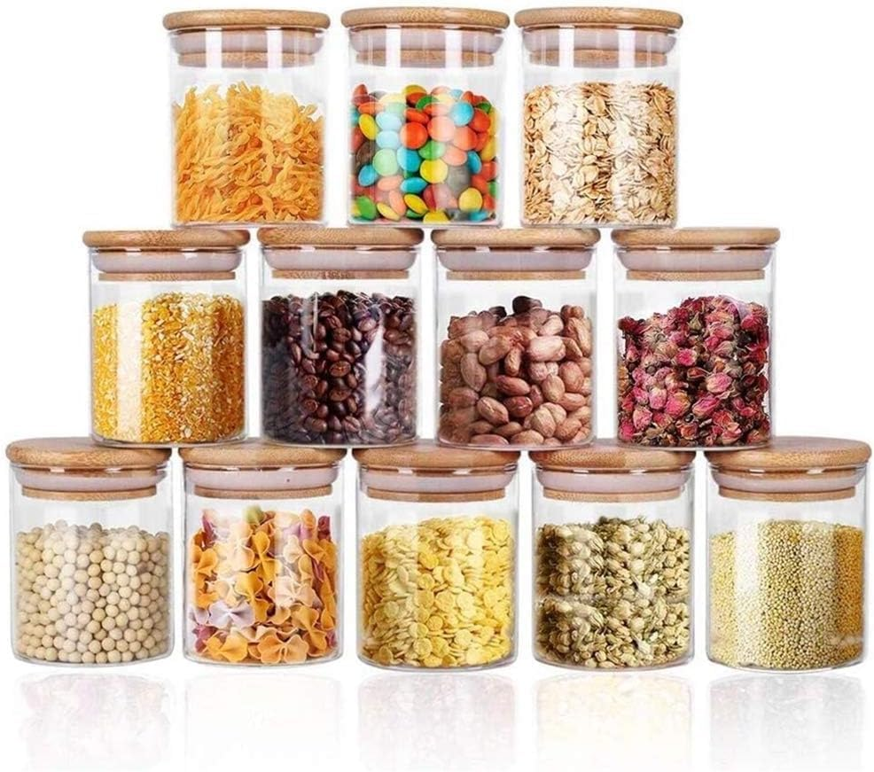 QIXIAOTOUQI Circular Glass Food Storage Jars 250Ml,12 Set Spice Jars Clear Storage Containers with Airtight Bamboo Lid,Small Food Cereal Storage Canister for Home Kitchen Tea Herbs Coffee Flour Herbs image number 1