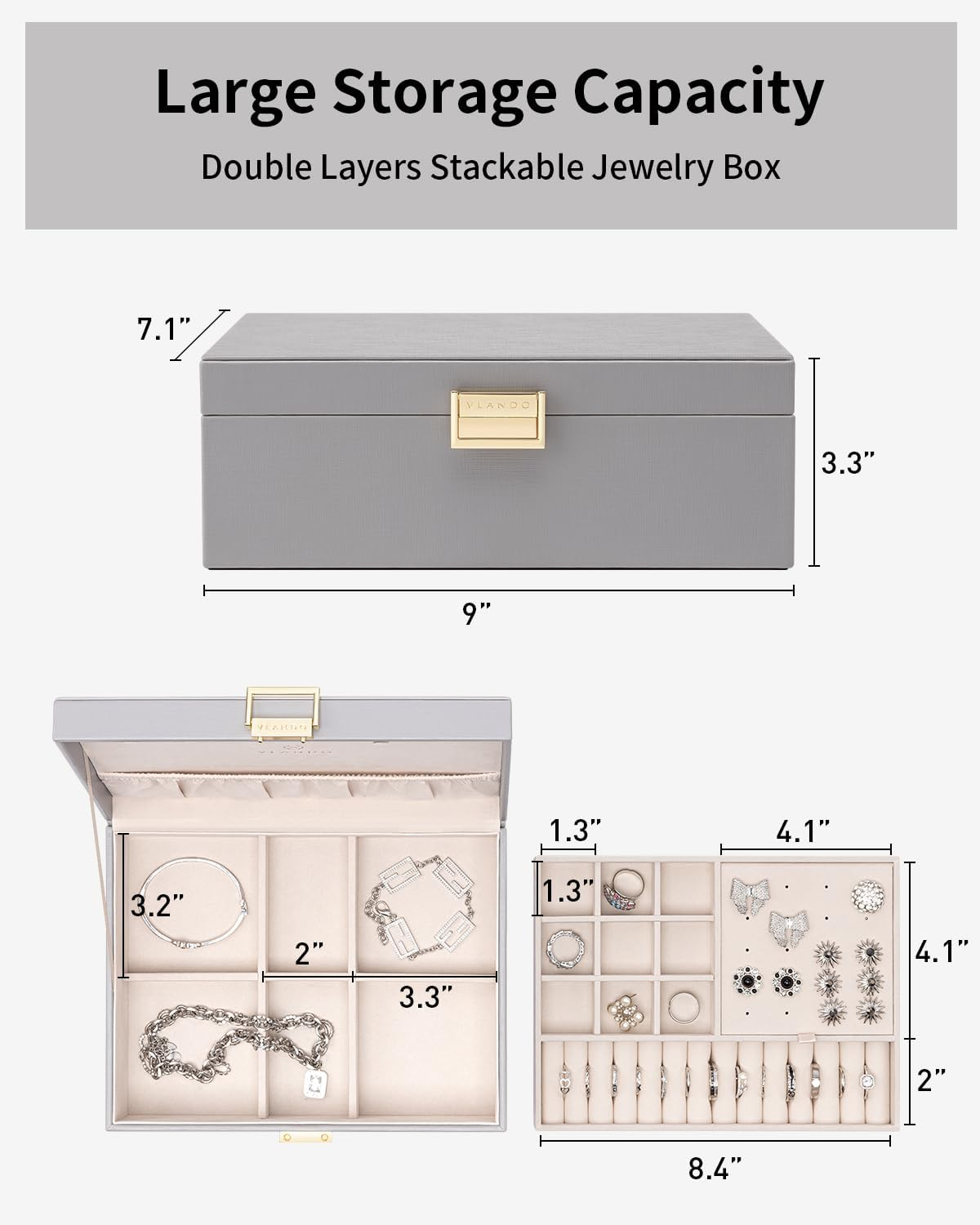 Vlando Jewellery Box, 2 Layers, Jewellery Storage Box, Large, Jewellery Box for Women, Girls, Removable Jewellery Tray for Rings, Earrings, Necklaces image number 3