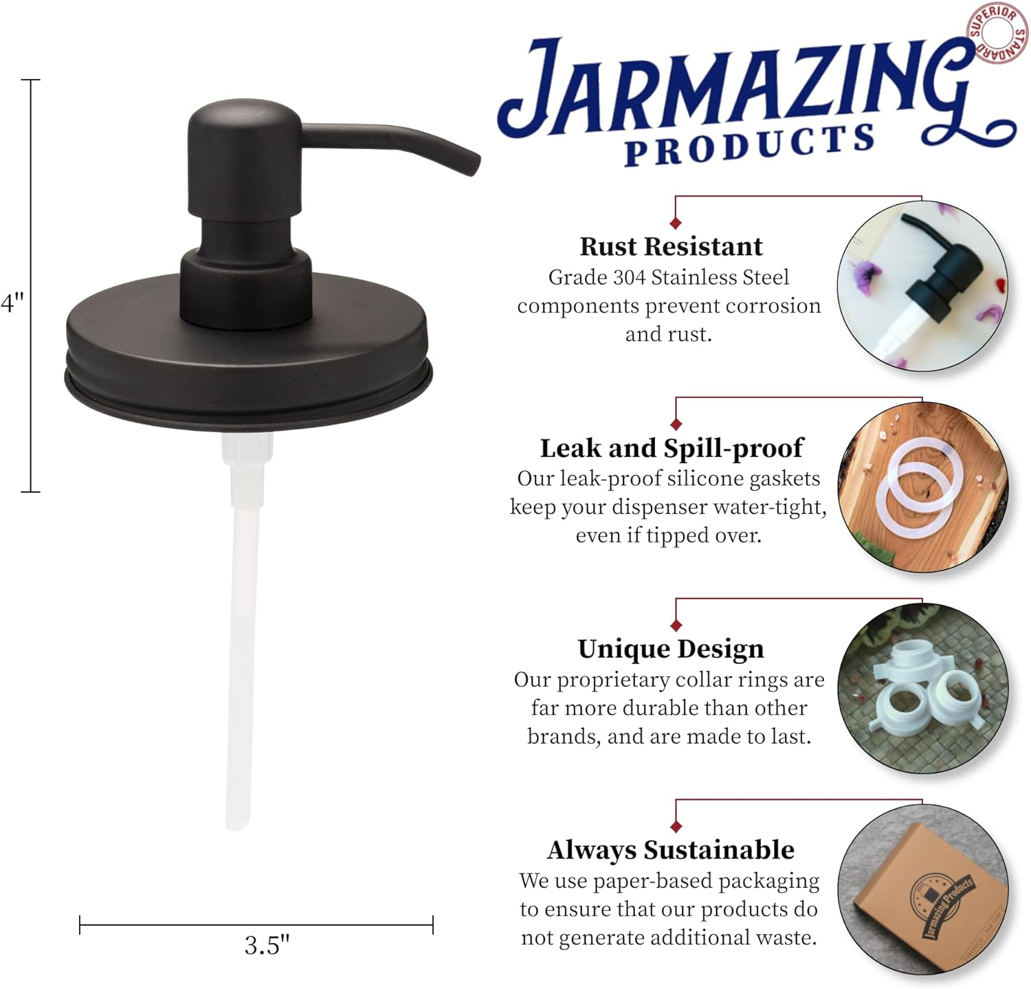 Jarmazing Products Wide Mouth Black Mason Jar Soap Dispenser Lids - Two Pack - for All Wide Mouth Canning Jars image number 2