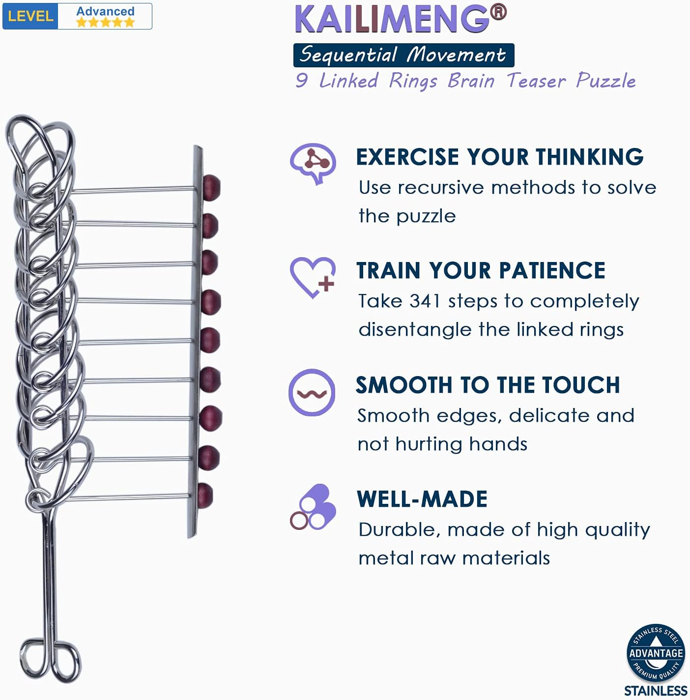 KAILIMENG 9 Linked Rings Metal IQ Puzzle - Brain Teaser Classical Chinese Rings image number 3