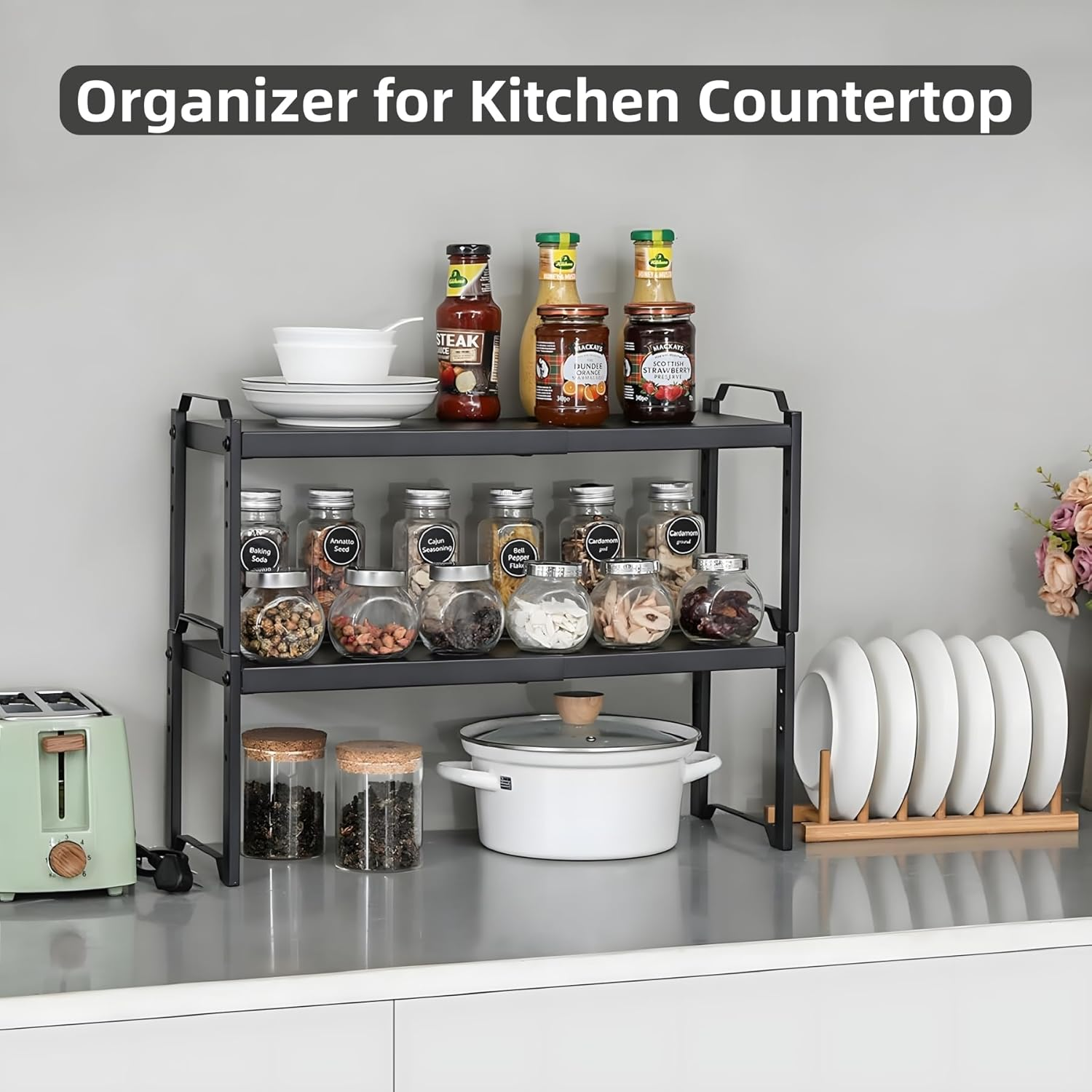 FORYUSE Set of 2 Stackable Cabinet Shelf Expandable Kitchen Storage Countertop Metal Organizer Adjustable Counter Shelves Cupboard Pantry Rack Stand image number 5