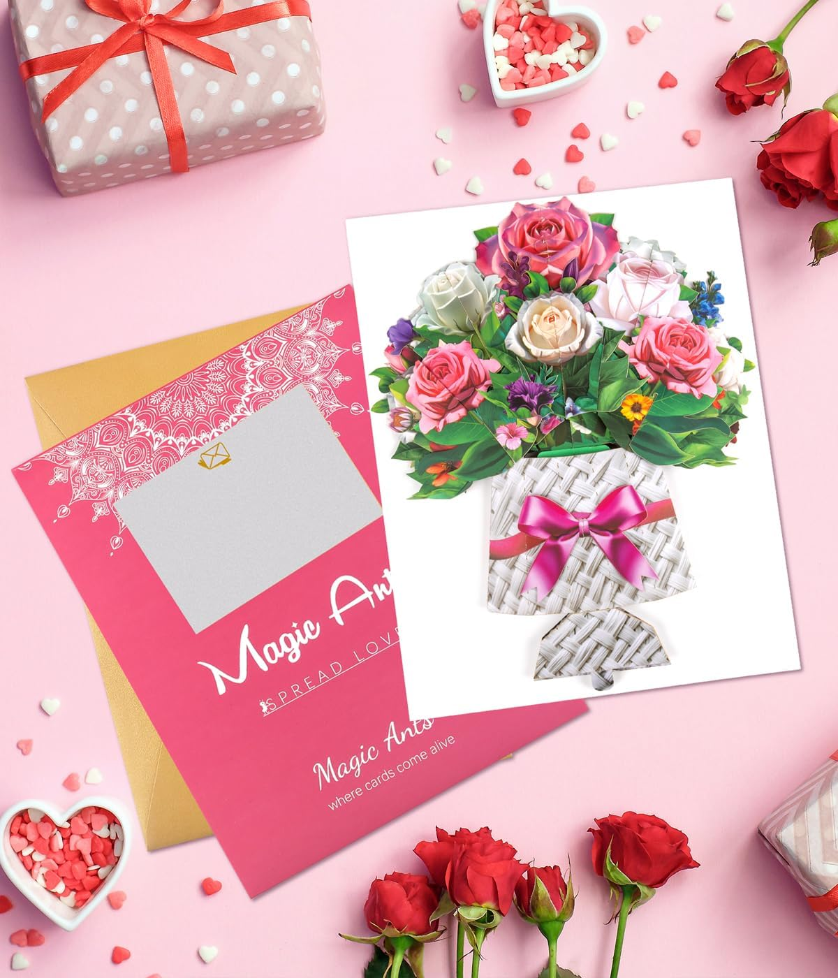 3D Pop-Up Pink & White Rose Bouquet Card Elegant Floral Card for Mother&rsquo;S Day Birthday Anniversary Valentines Thank You Retirement Get Well Thinking of You &ndash; Includes Envelopes & Blank Note Card