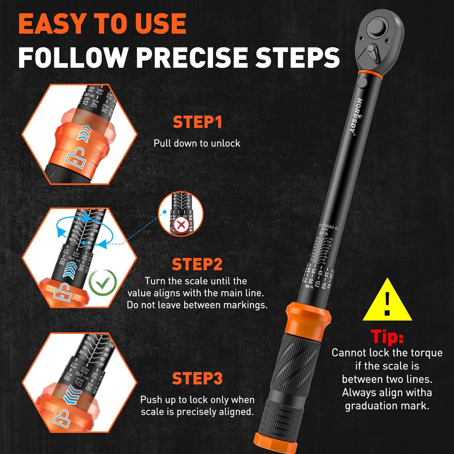 HORUSDY 1/2" Drive Click Torque Wrench Set, 13.6&ndash;230.5 Nm / 10&ndash;170 Ft-Lb, Dual Scale, &plusmn;3% Accuracy, Reversible Ratchet with Extension Bar & Adapter &ndash; Heavy Duty for Automotive & Mechanical Use image number 2