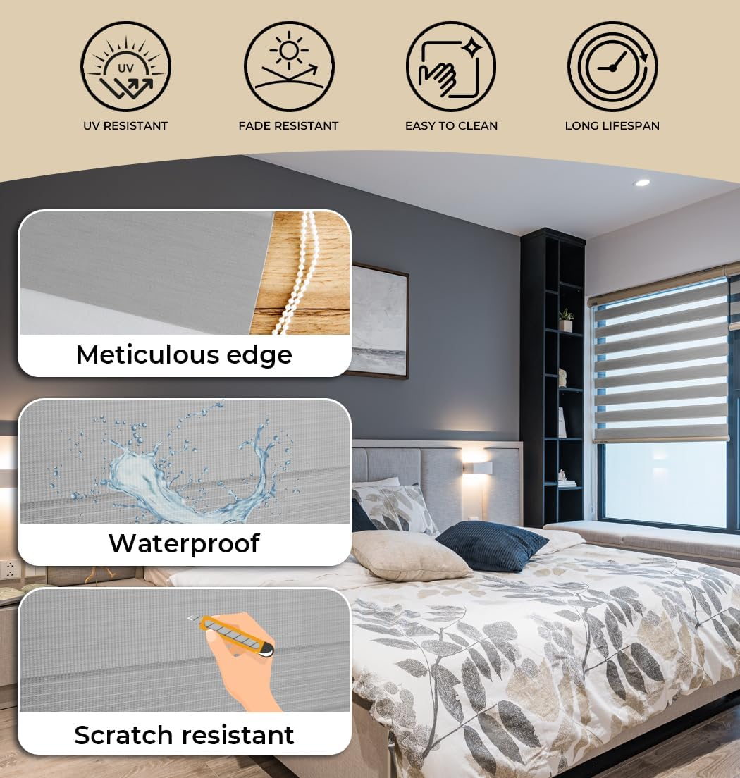 Marlow Blockout Zebra Roller Blind Curtains Double Window Sunshade Sunscreen Commercial Home Office Bedroom UV Protection (Grey-60Cmx210Cm) image number 2