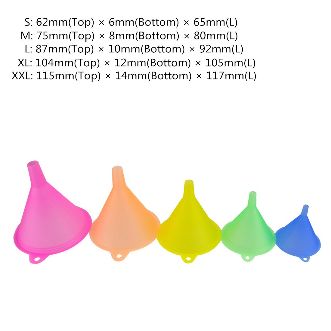 Mirenlife 5 Sizes Candy Colors Plastic Funnel Set for General Purpose, Lab Car Kitchen Home Tools, Liquids Dry Goods image number 6