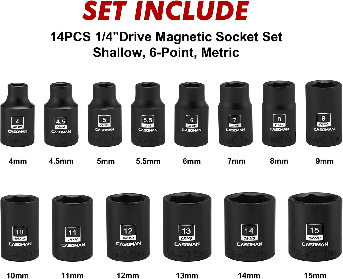 CASOMAN 14PCS 1/4"Drive Magnetic Impact Socket Set, Shallow, 6-Point, Metric, 4Mm to 15Mm, CR-MO Steel image number 6