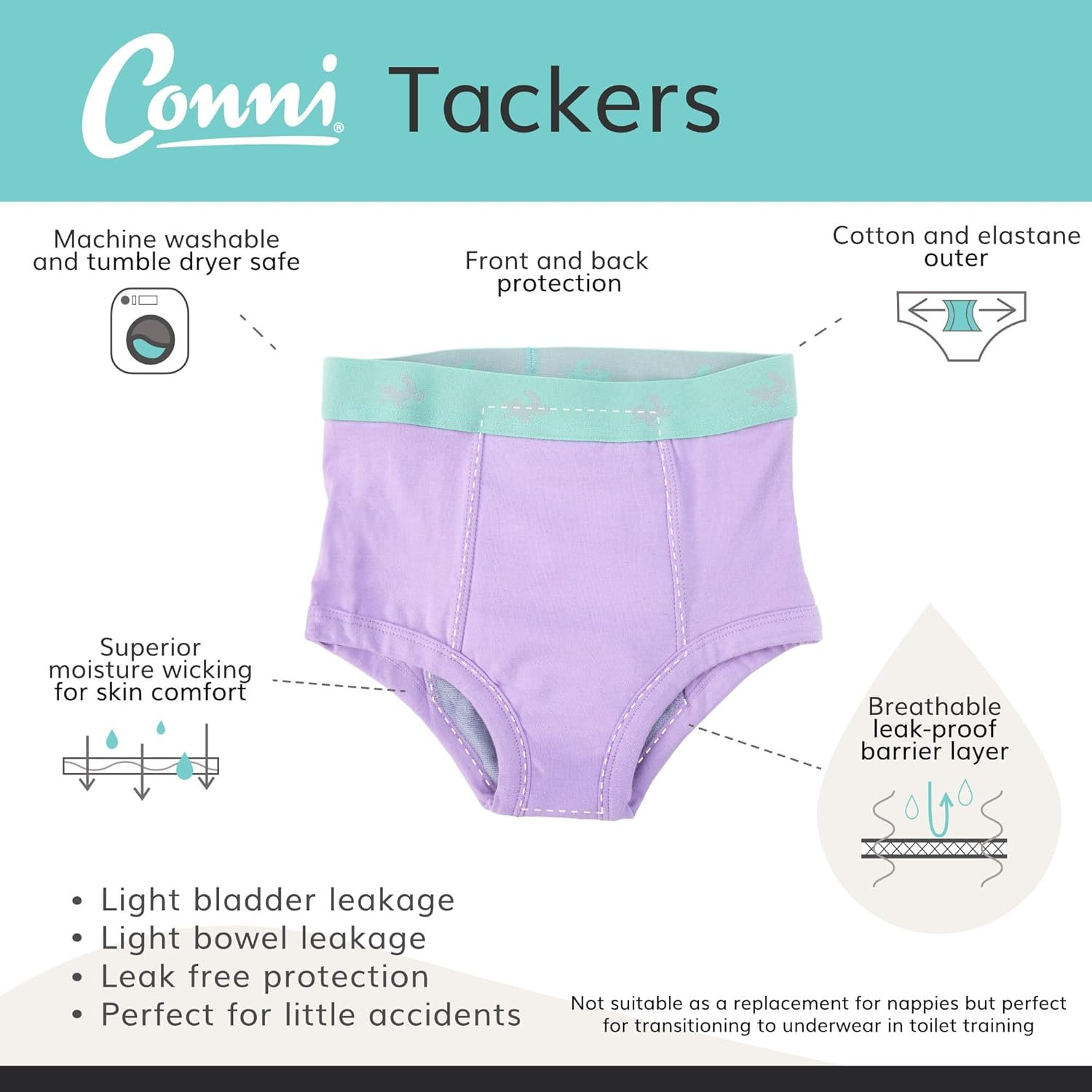 Conni Kids Tackers Washable Pull up Briefs Underwear for Potty Training and Youth Incontinence, Bubblegum, Size 6-8 image number 6