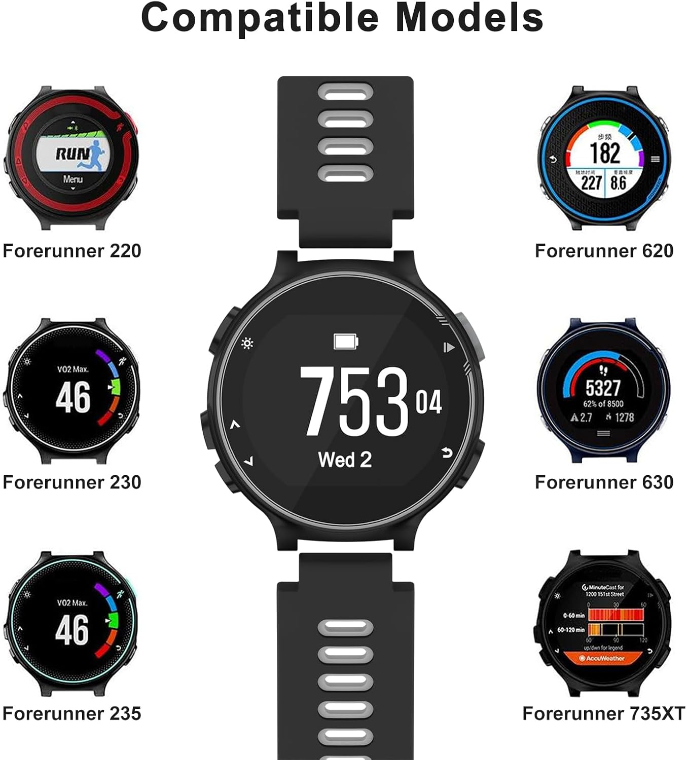 Silicone Band for Garmin Forerunner 735XT Band/Forerunner 220 230 235 630 620, Adjustable Sport Replacement Straps Watch Bands Men Women for Garmin Approach S5 S6 S20 - Black /Gray image number 2