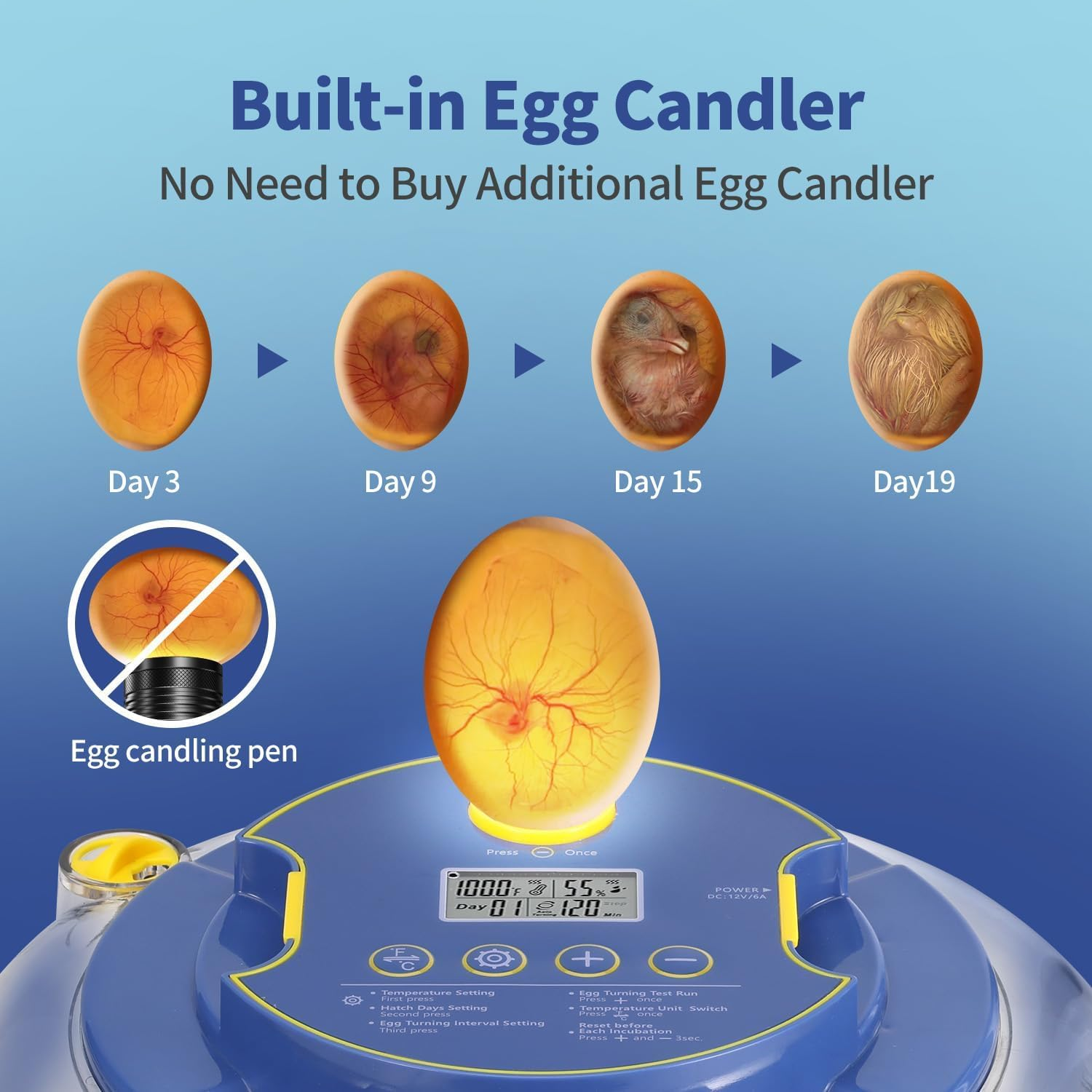 18 Eggs Incubator Hatcher Automatic Double Layer Hatching Machine for Chicken Duck Quail Bird Goose Turkey with Auto Turner Water Adding LED Candler (Blue) image number 5