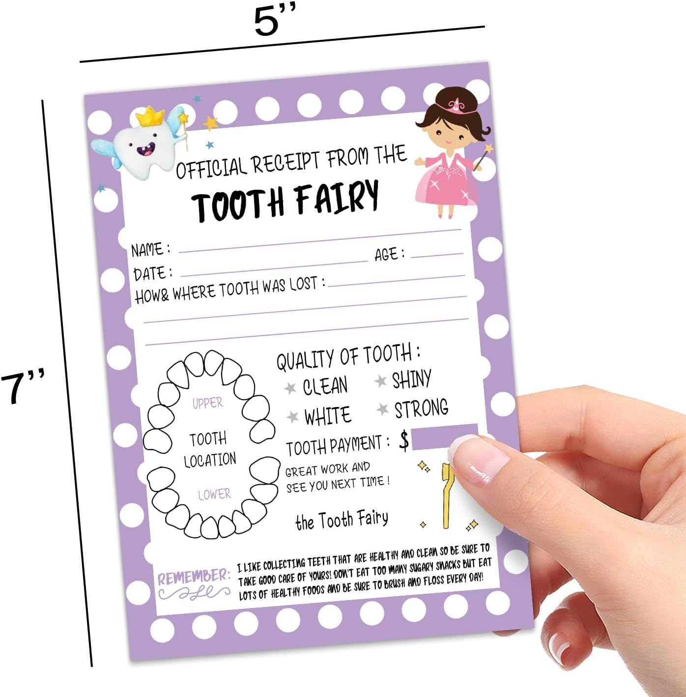Tooth Fairy Paper Certificate for Kids, Tooth Fairy Report Cards, Official Receipt from the Tooth Fairy, Cute Adorable Keepsake for Kids, Tooth Fairy Receipt for Lost Tooth, Purple, 5 * 7 In image number 2