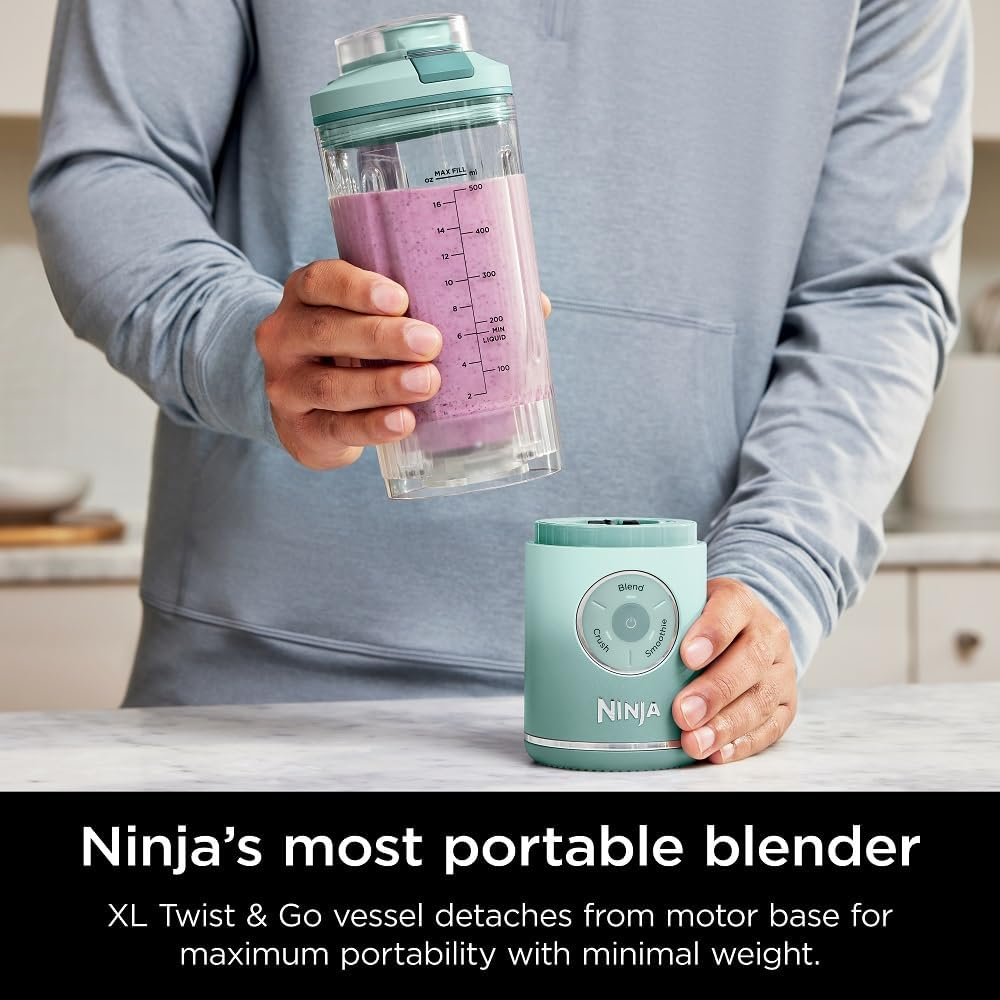 Ninja Blast Max, Portable Blender + Twist & Go, Personal Smoothie, Blend, Ice Crush, 3 Programs, Cordless, 22Oz Removable Vessel, Dishwasher Safe, Leakproof, Sea Glass, BC251MT