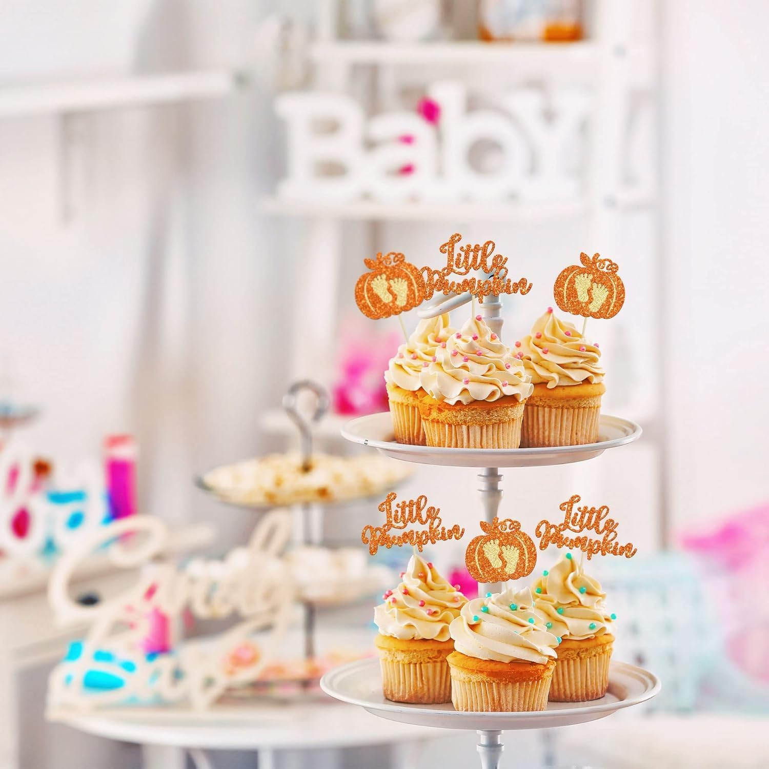 Confetti! 24-Pack Glitter Pumpkin Cupcake Toppers - Little Pumpkin Picks for Baby Showers, Kids' Birthdays, and Fall Harvest Parties - Perfect Autumn Party Supply Decorations image number 4