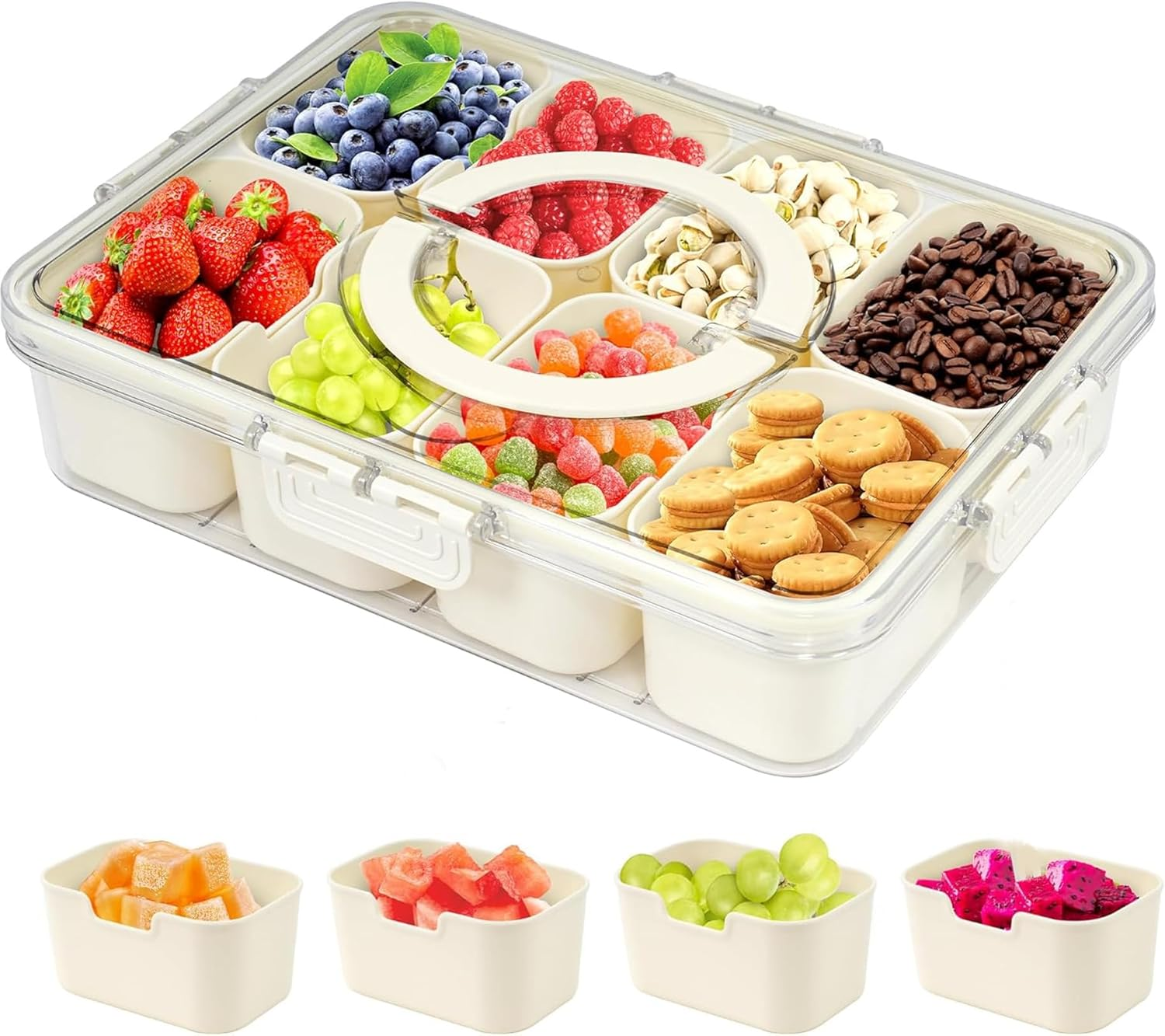 Snack Box Container, Divided Serving Tray Platter with Airtgiht Lid & Handle,8 Compartments Food Storage Lunch Organizer Kitchen Portable Platters Organizer for Candy Fruits Nuts Spices image number 3