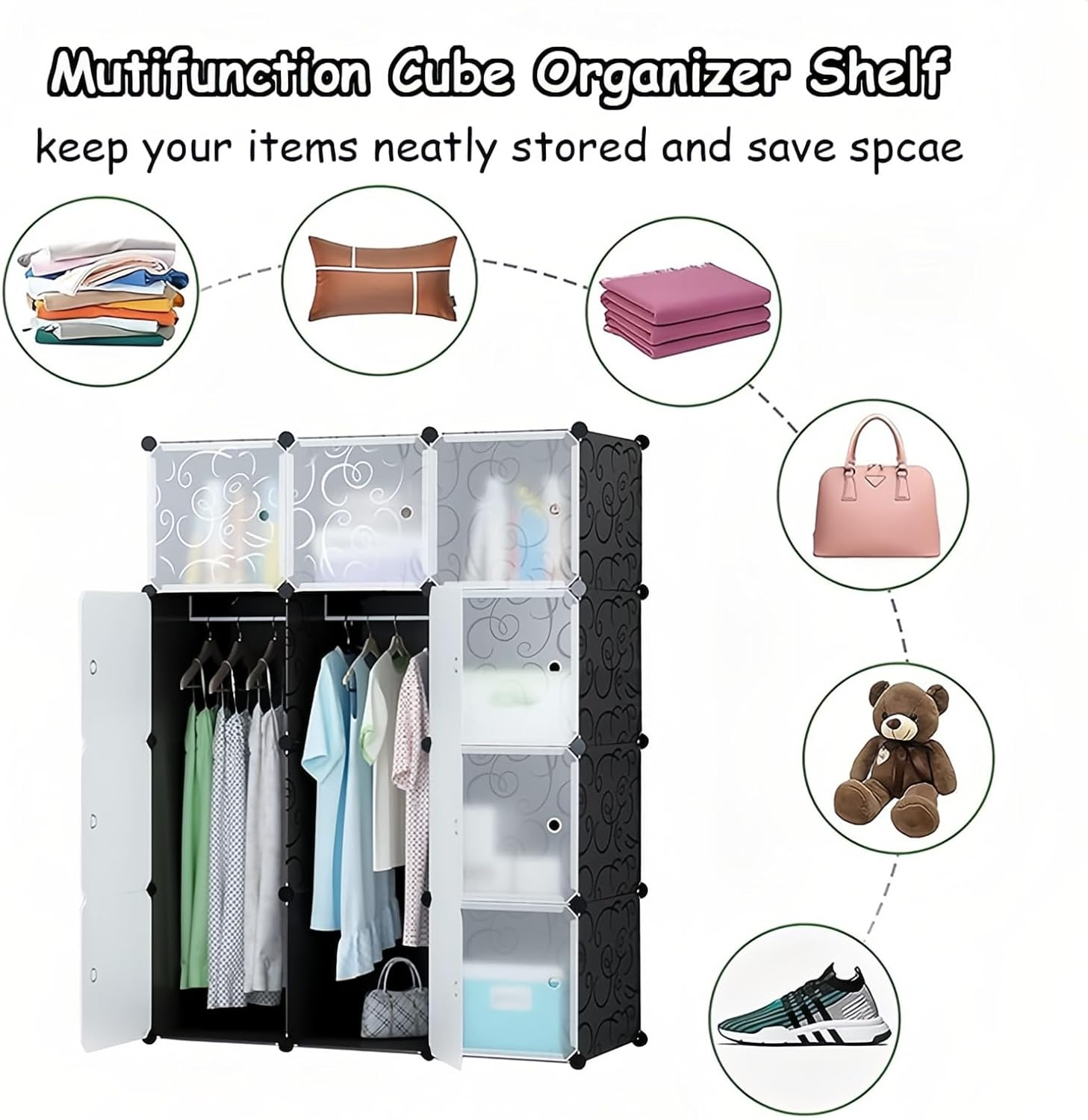 Taoluwin Wardrobe, DIY Clothes Storage Wardrobe, 12 Cube Storage Cabinet with Doors, Plastic Portable Closet, Storage Shelf for Home, Office, Bedroom image number 2