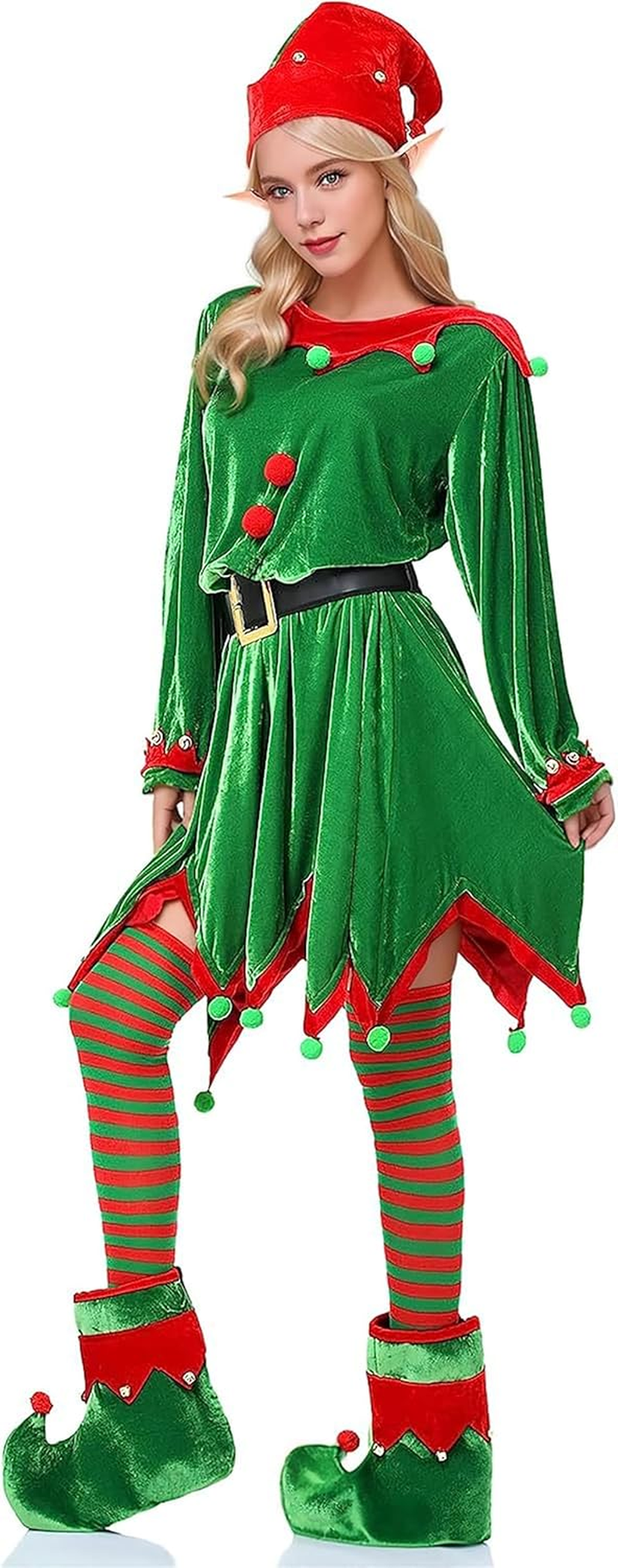 Elf Costume for Women Christmas Halloween Party Cosplay Dress 6 Packs Santa'S Helper Costume Christmas Outfit Elf Hat Shoes Ears Belt Socks image number 5