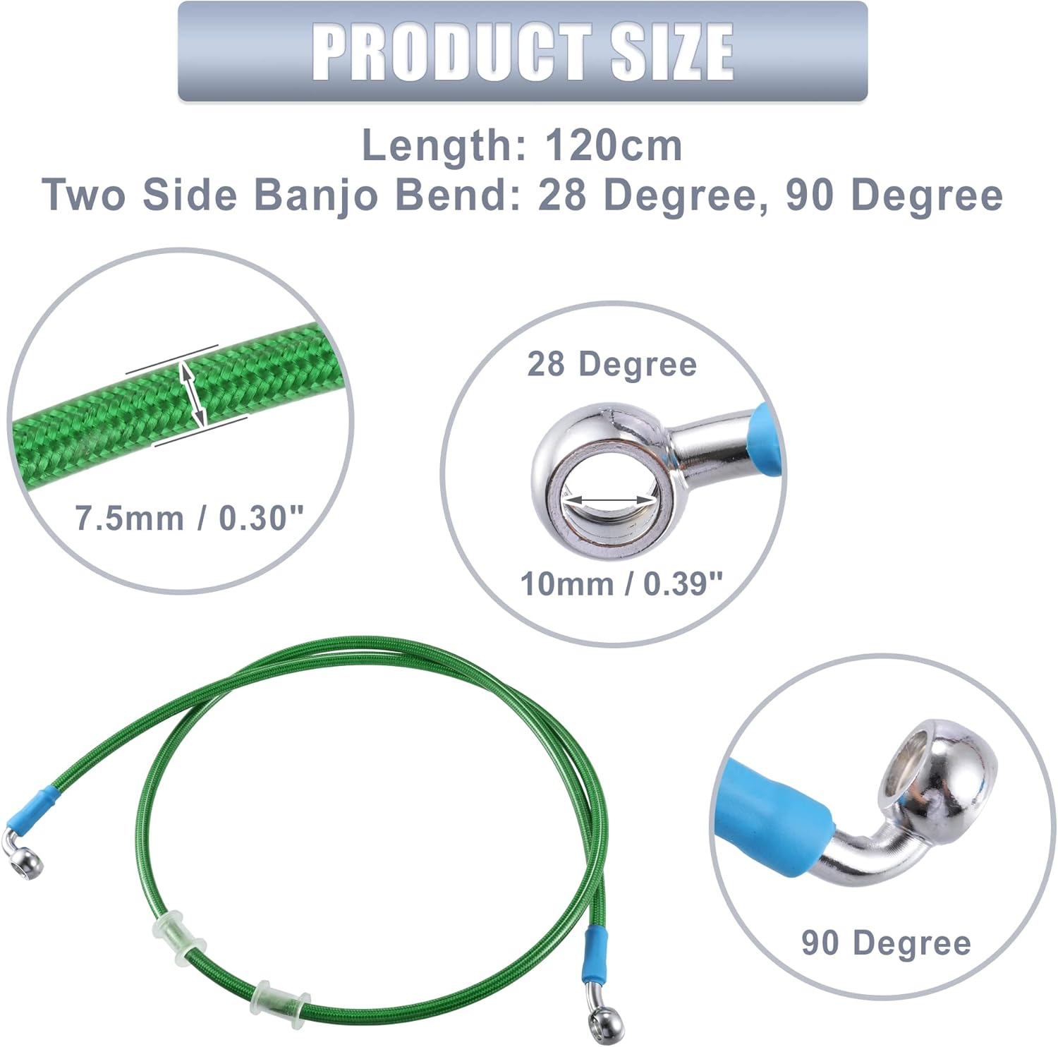X AUTOHAUX 120Cm AN3 M10 Car Hydraulic Brake Line Oil Hose Pipe Fitting 28&deg; 90&deg; Stainless Steel for Car Motorcycle Dirt Racing Bike Green image number 2