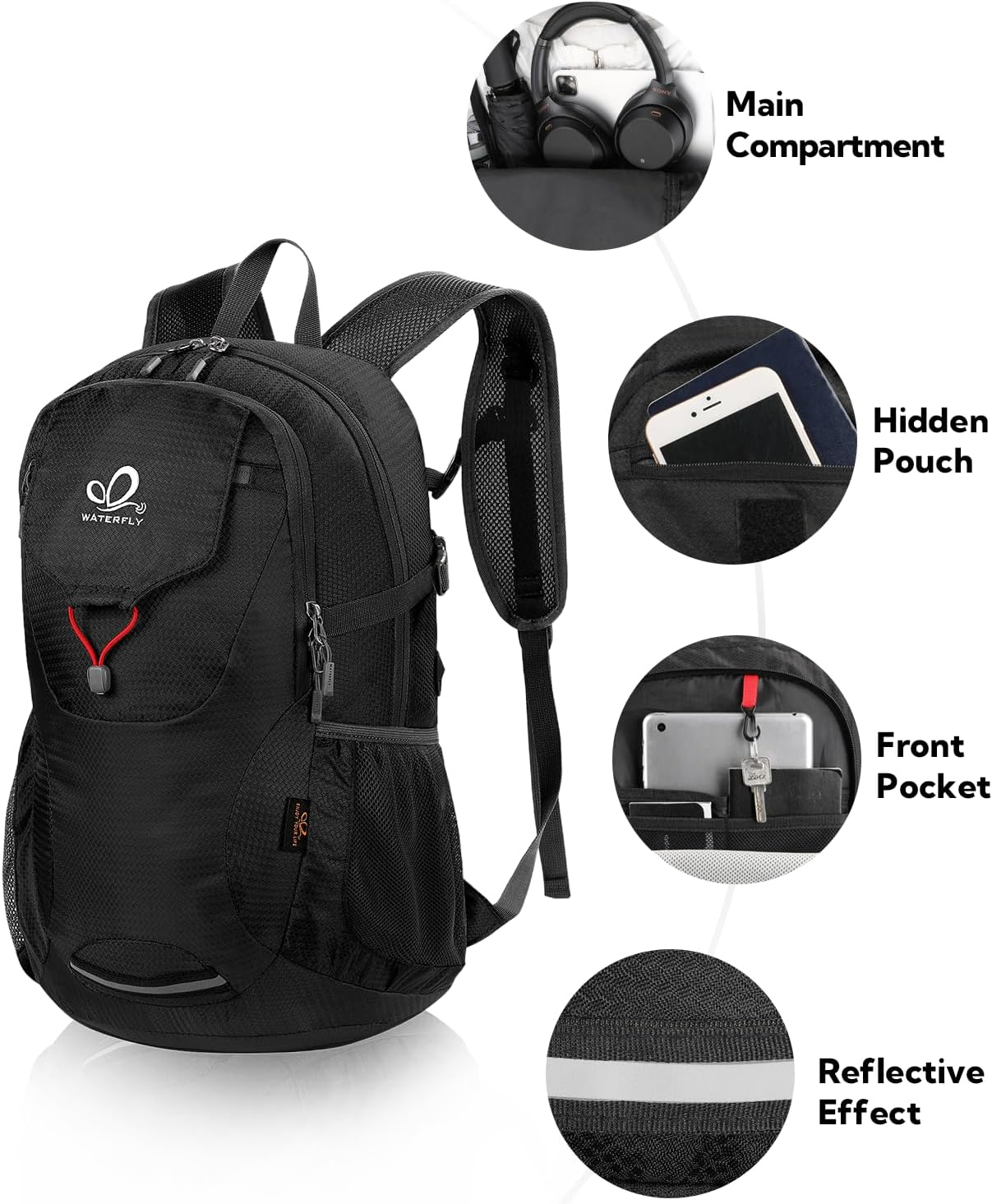 WATERFLY Lightweight Packable Hiking Backpack： Foldable Travel Daypack Camping Ultralight Day Pack for Woman Man - Black image number 2