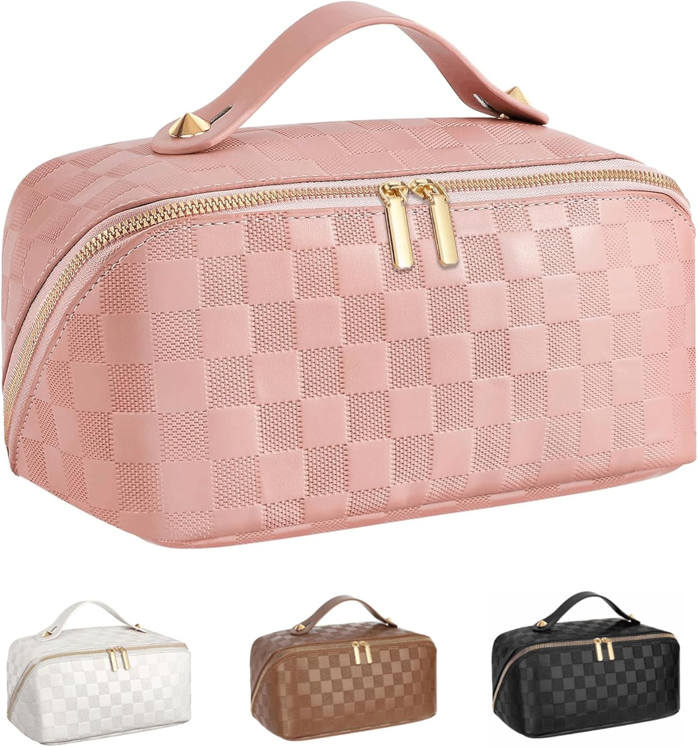 Portable Makeup Bag,Jovala Large Capacity Travel Cosmetic Bag Checkered PU Leather Women'S Holiday Multifunctional Makeup Bag Washable,With Handle and Divider (Brown)