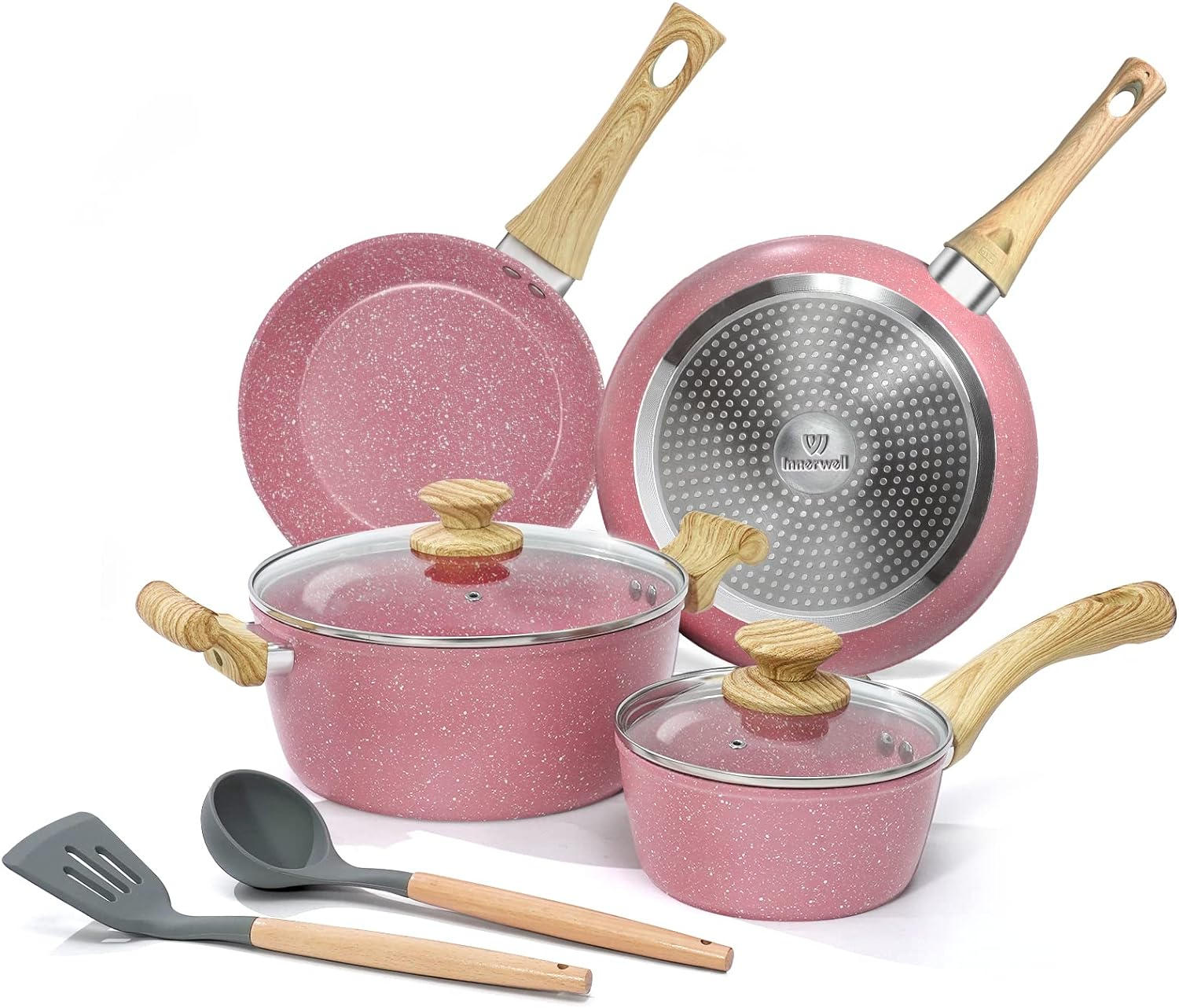 Innerwell Pots and Pans Set, 8 Pieces Non Stick Cookware Set, Gold Granite Stone Nonstick Cookware Set, Induction Kitchen Cookware Sets, Cooking Set W/Frying Pan, Saucepan, Casserole, PFOA&PFAS Free