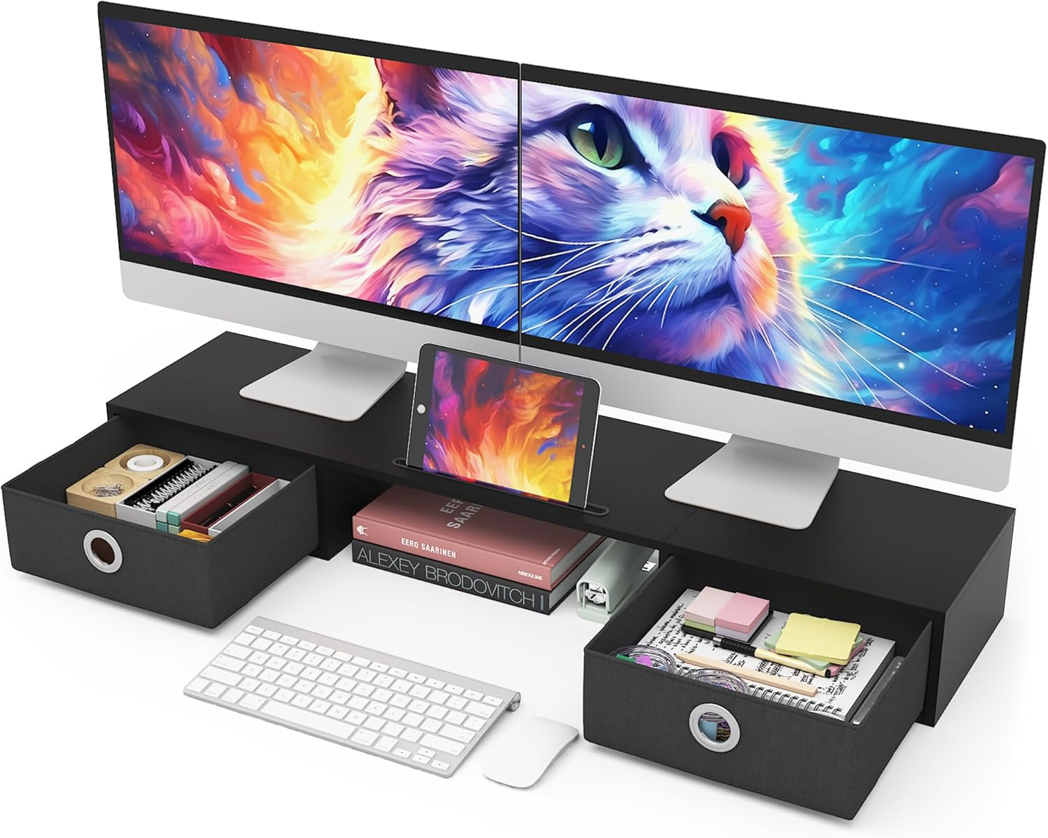 WESTREE Dual Monitor Stand Riser with Two Drawers, Extra Large Storage for 2 Monitors, Ergonomic Design, Wooden Finish