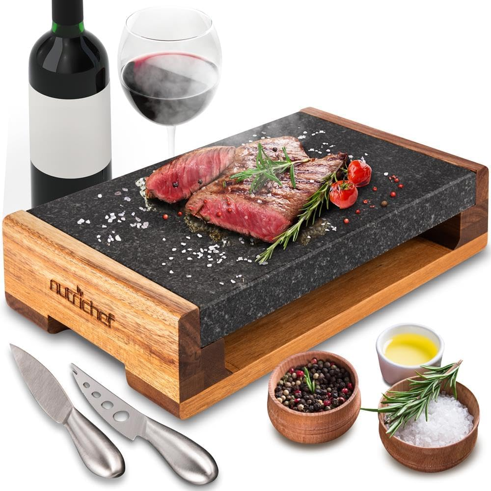 Nutrichef Cooking Stone Grill Set - Hot Lava Rock Sizzling Plate for Steak BBQ & Meat Grilling with Stainless Steel Knives, Cooks and Retains Heat & Flavor, Heated Tray for Serving Food image number 4