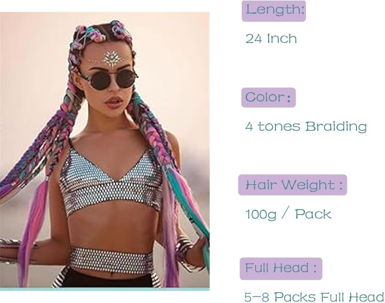 3 Packs Ombre Braiding Hair Colorful Pre Stretched Braiding Hair,24Inch Extensions High Temperature Synthetic Crochet Braiding Hair Roe Men Women(Purple/Light Purple/Blue/Light Cyan） image number 1