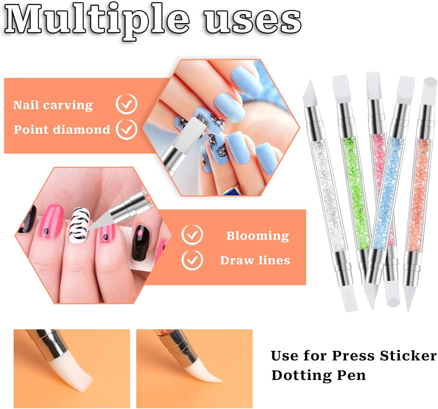 Sliverdew 5Pcs Nail Art Sculpture Pen Dual Tipped Silicone Nail Tools Nail Art Acrylic Pen Silicone Brushes for Resin Nail Art Tools for Design Nail Foil Carving Drawing Effect Shaping Drawing image number 6