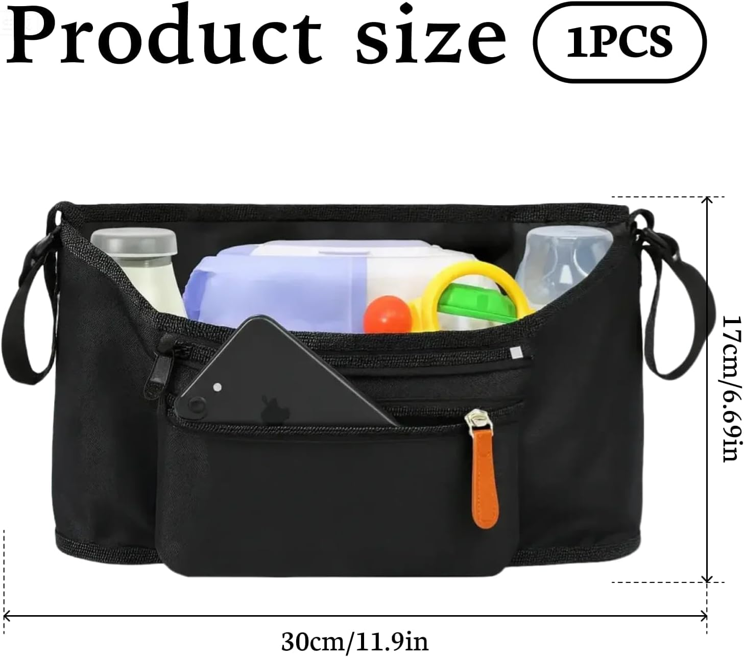 Universal Stroller Organizer Pram Caddy with Detachable Pockets, Waterproof Fabric, Machine Washable for Easy Cleaning, Fits Most Strollers and Joggers, Stylish Black Color for Everyday Use image number 5