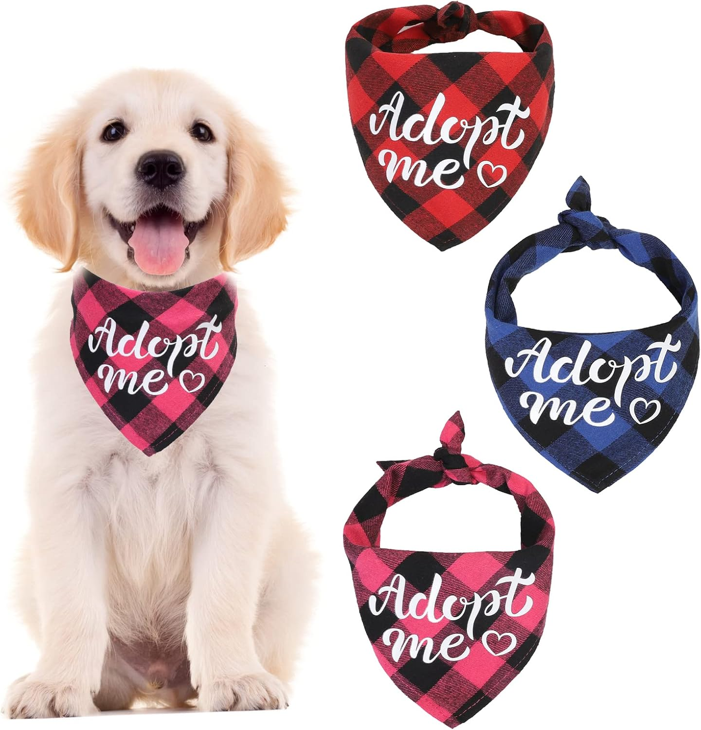 HACRAHO Dog Bandanas, 3 PCS Adopt Me Plaid Dog Bandana Adjustable Dog Bibs Scarf for Small Medium Dogs and Cats, M