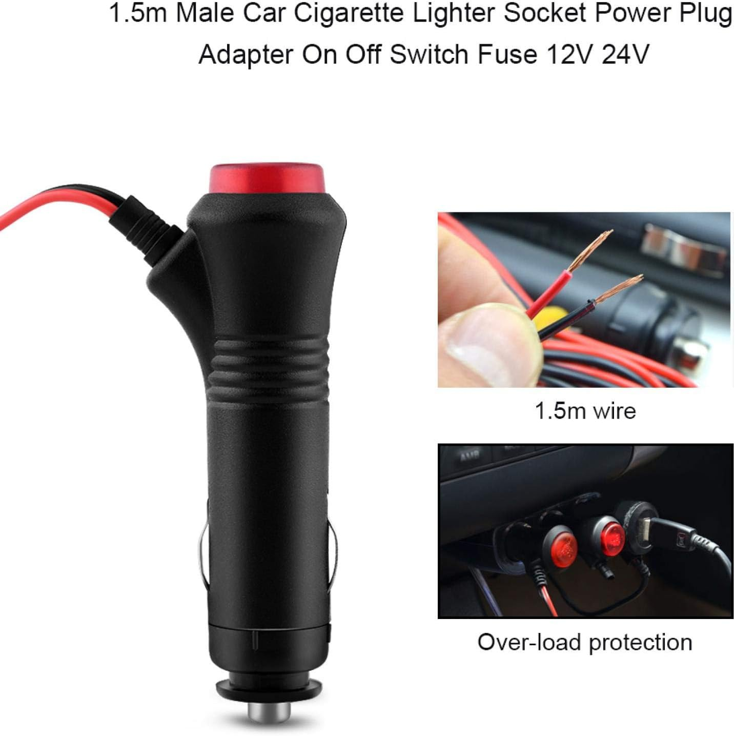 12V Car Cigarette Lighter Plug, Universal Cigarette Lighter Power Cable Adapter with LED Switch Button Male Plug Extension Cord Outlet Extender Connector Supply for Inverter Motorbike Motorcycle image number 1