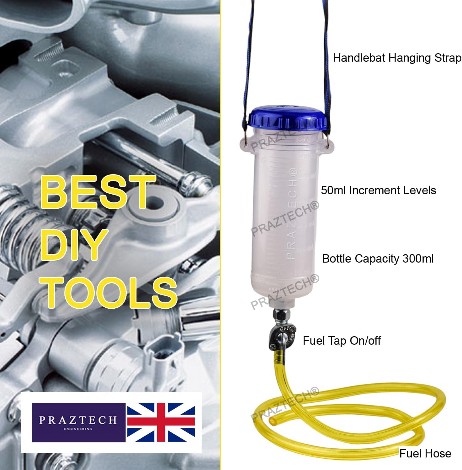 PRAZTECH&reg; Auxiliary Fuel Tank Balancing Carb Carburettor | Average Testing Bottle | Workshop Tool Fuel Feed Petrol Bottle Tank | Motorbike Mechanic Workshop | Servicing Tuning Tune Up