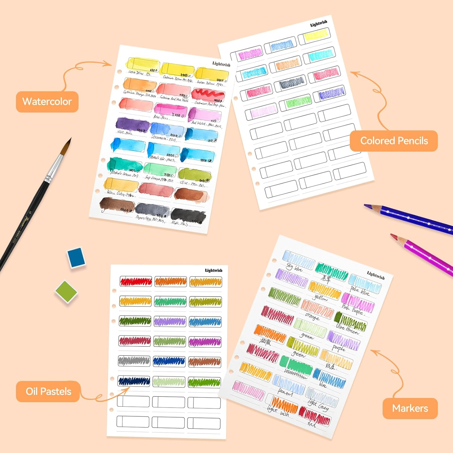 LIGHTWISH Watercolor Swatch Paper Bulk - 100% Cotton Hot Press 300Gsm/140Lb, 2 Pack, Total 40 Sheets 24 Spaces A5 Hole-Punched Replaceable Paper for Watercolor, Gouache, Oil Pastels,5.5 * 8.2 Inches image number 4