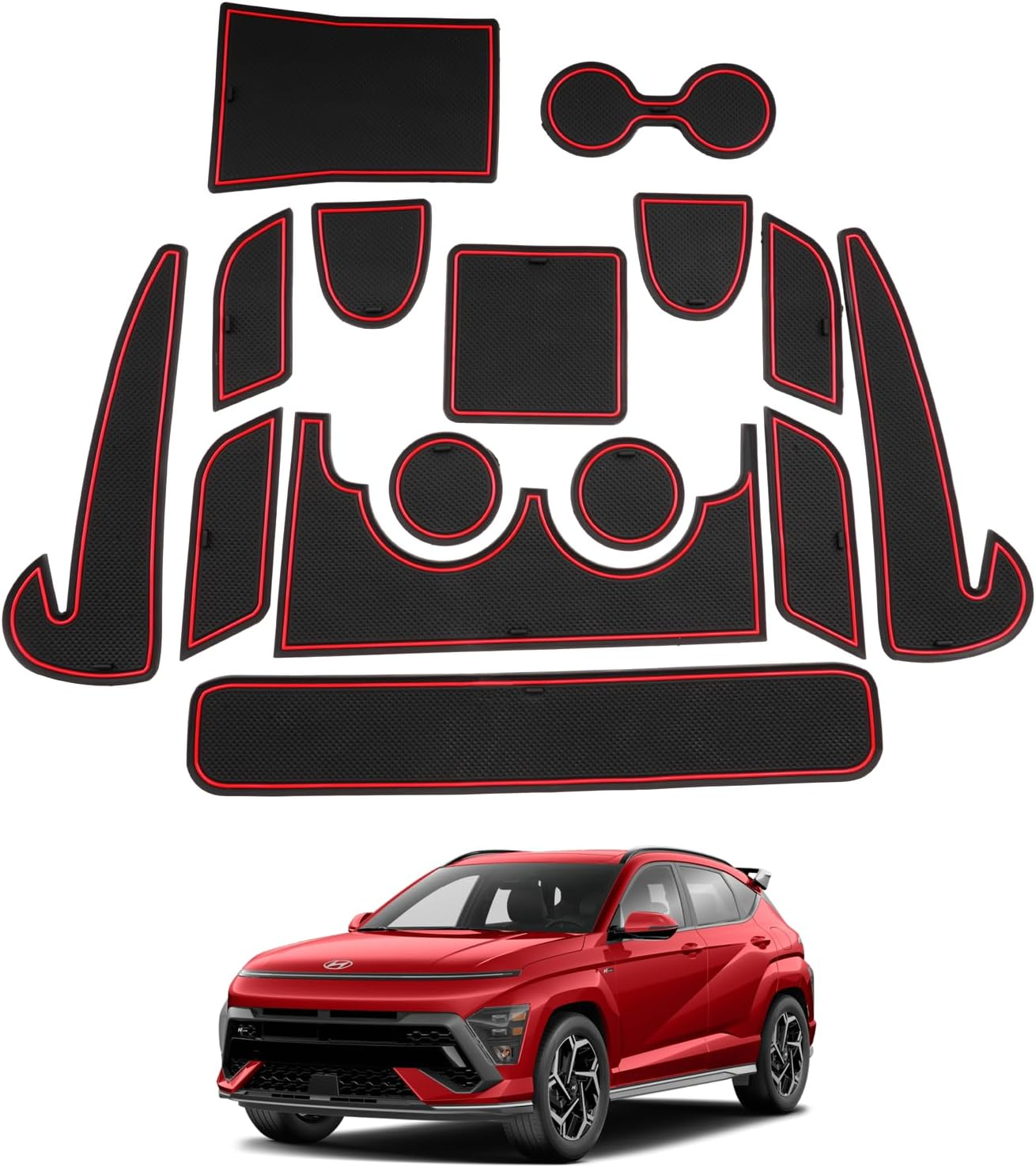 SHAOHAO Compatible with Hyundai Kona SX2 2024 2025 2026 Rubber Mats Centre Console Non-Slip Mats Drink Holder Mat Door Slot Mat Storage Box Hyundai Kona Accessories Red