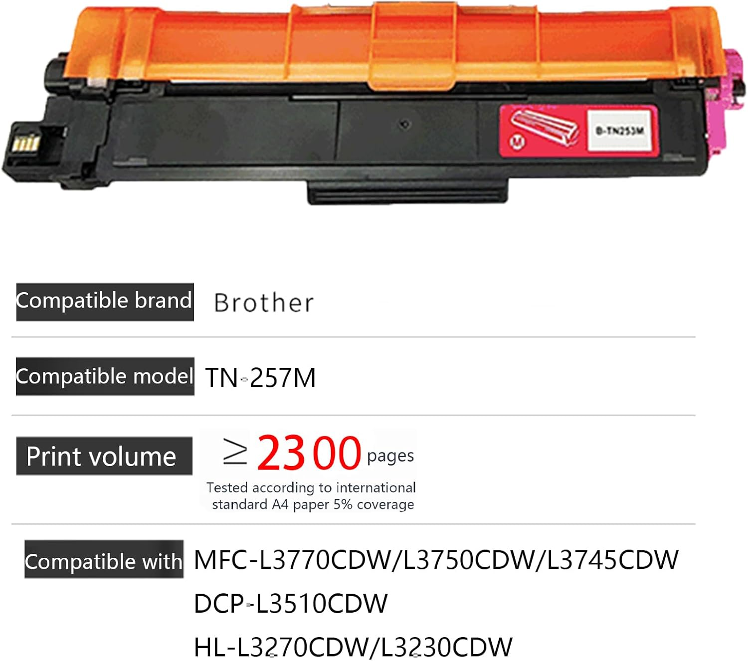 JOJOBE Planet TN-257M Compatible Toner Cartridge with Brother MFC-L3770CDW L3750CDW L3745CDW DCP-L3510CDW HL-L3270CDW L3230CDW , 2300 Pages per Cartridge Magenta image number 3