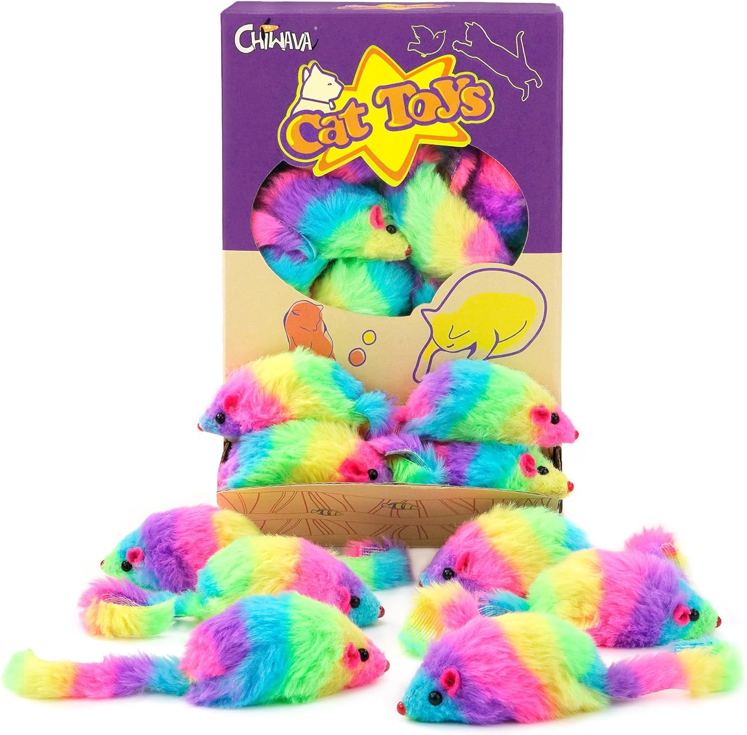 CHIWAVA 24PCS 2.8" Rainbow Color Furry Cat Toy Mice with Rattle Kitten Mouse Interactive Play image number 2