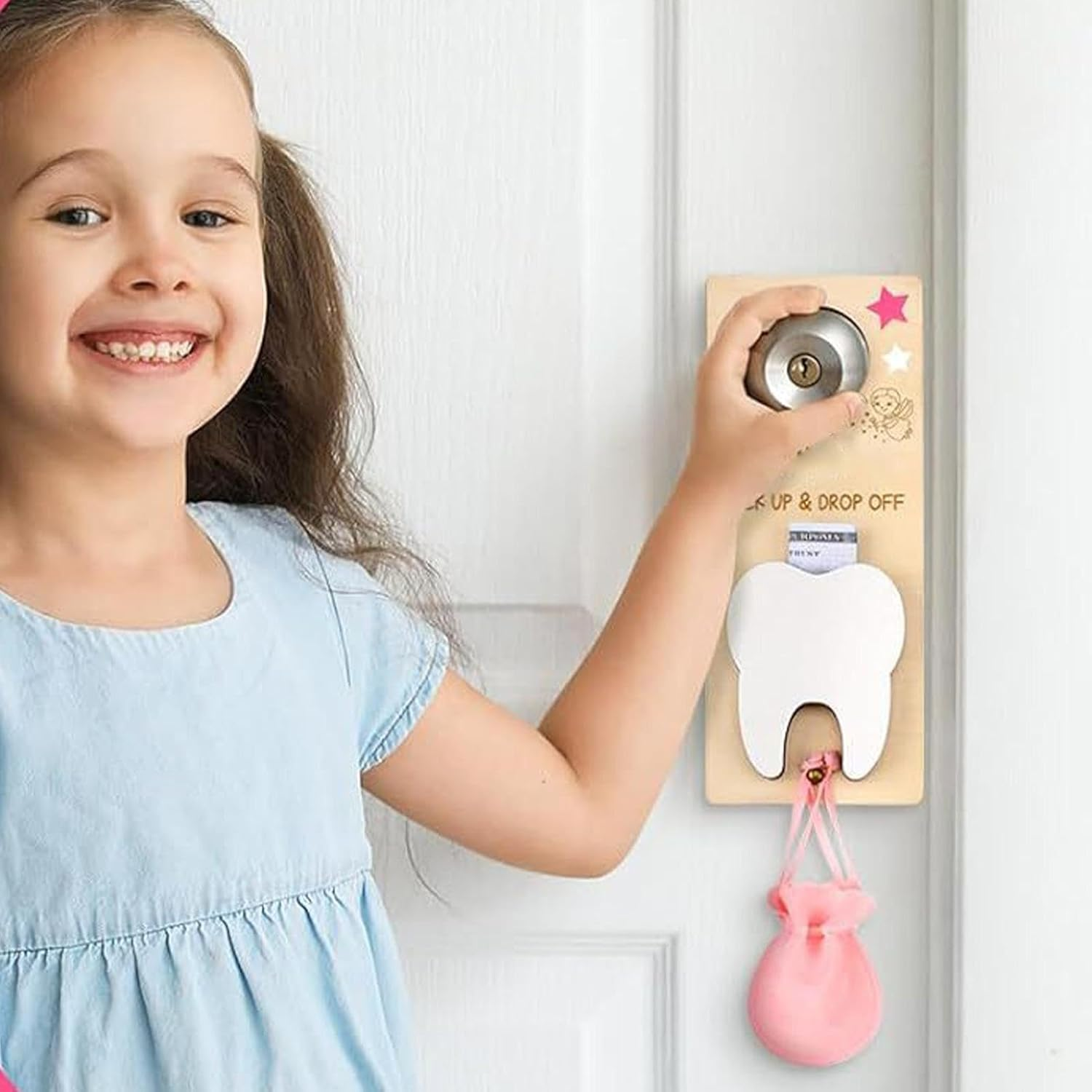 Tooth Fairy Pick up and Drop Off, Tooth Fairy Door Hanger with Money Slot,Tooth Fairy Tooth Holder Bag,Tooth Holder Pouch, Velvet Pouch Tooth Fairy Box - Pink image number 2