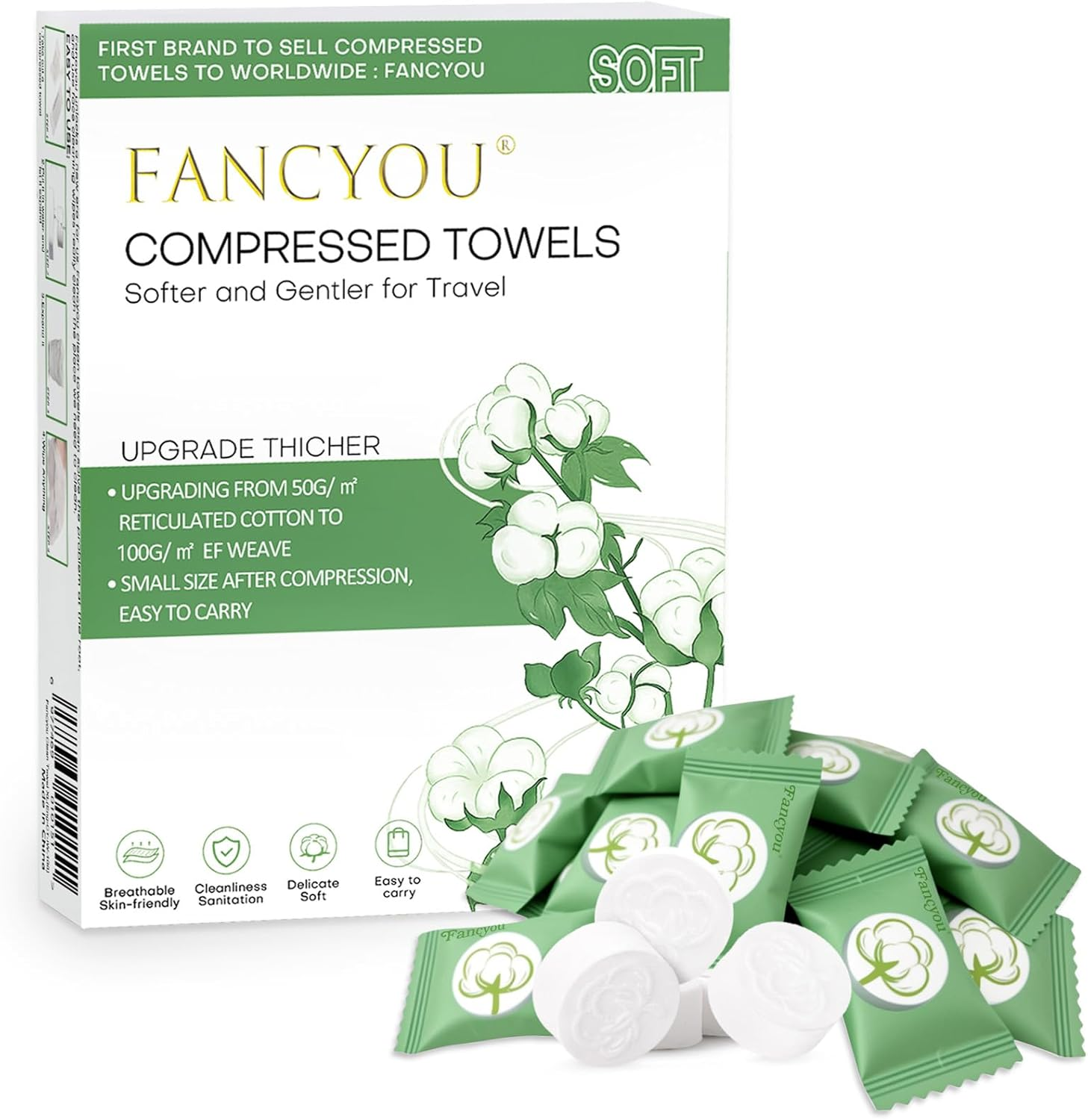 Compressed Towel Tablets for Travel 100 Pcs, Thicken 100% Cotton Disposable Face Towel Individually Wrapped, Compact Portable Mini Reusable Clean Washcloths for Camping Gym Home Beauty(Green) image number 5
